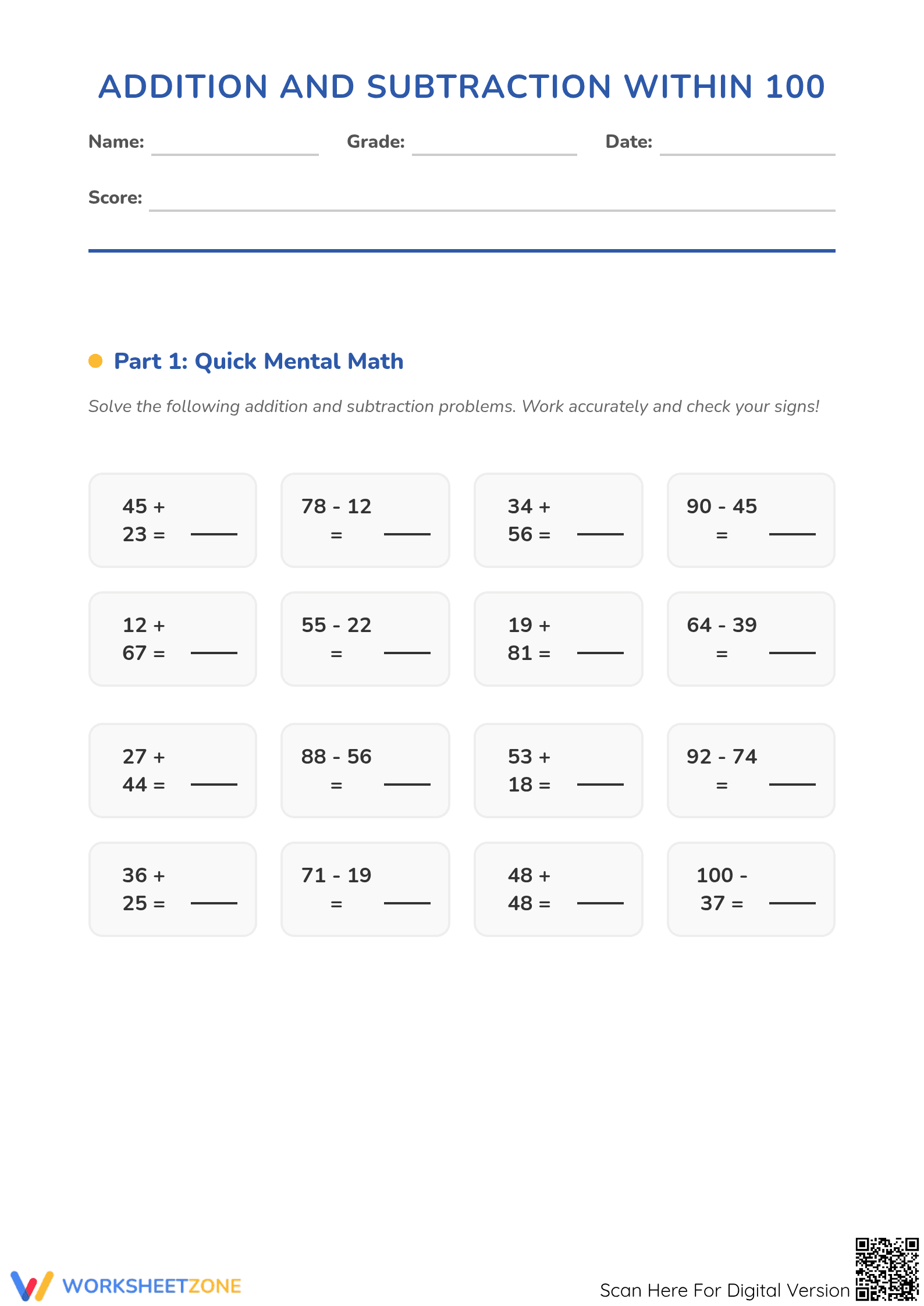 Essential Addition and Subtraction within 100 Worksheet - Page 1