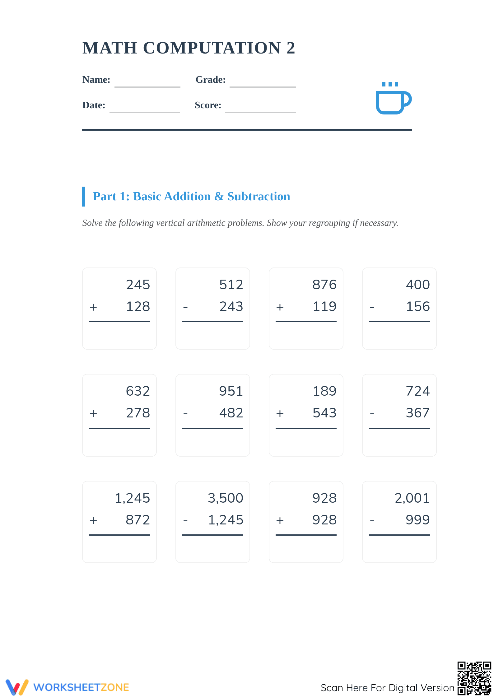 Printable Math Computation 2 Assessment | Grade 4 Aligned - Page 1