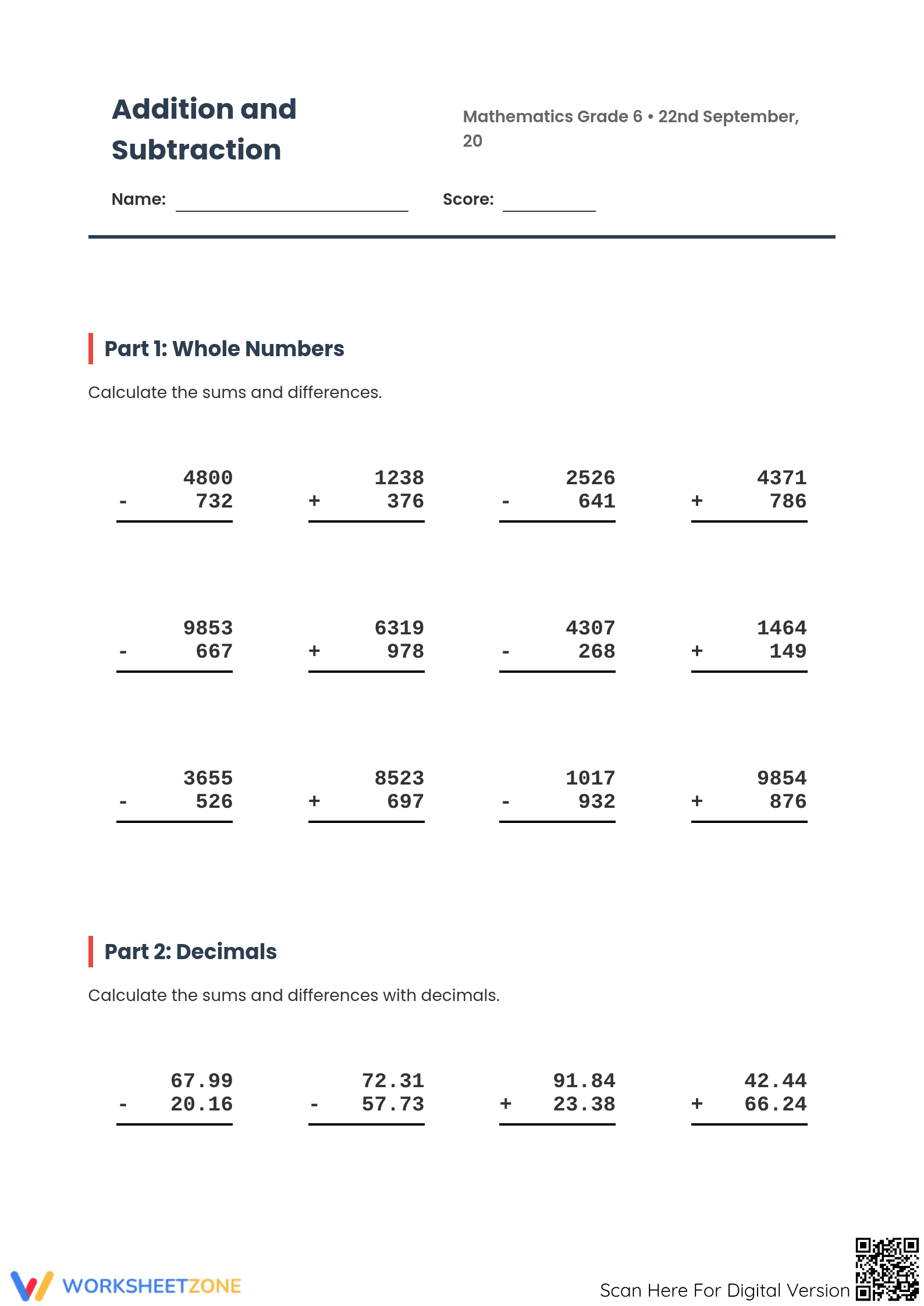 Essential Grade 6 Addition and Subtraction Worksheet - Page 1