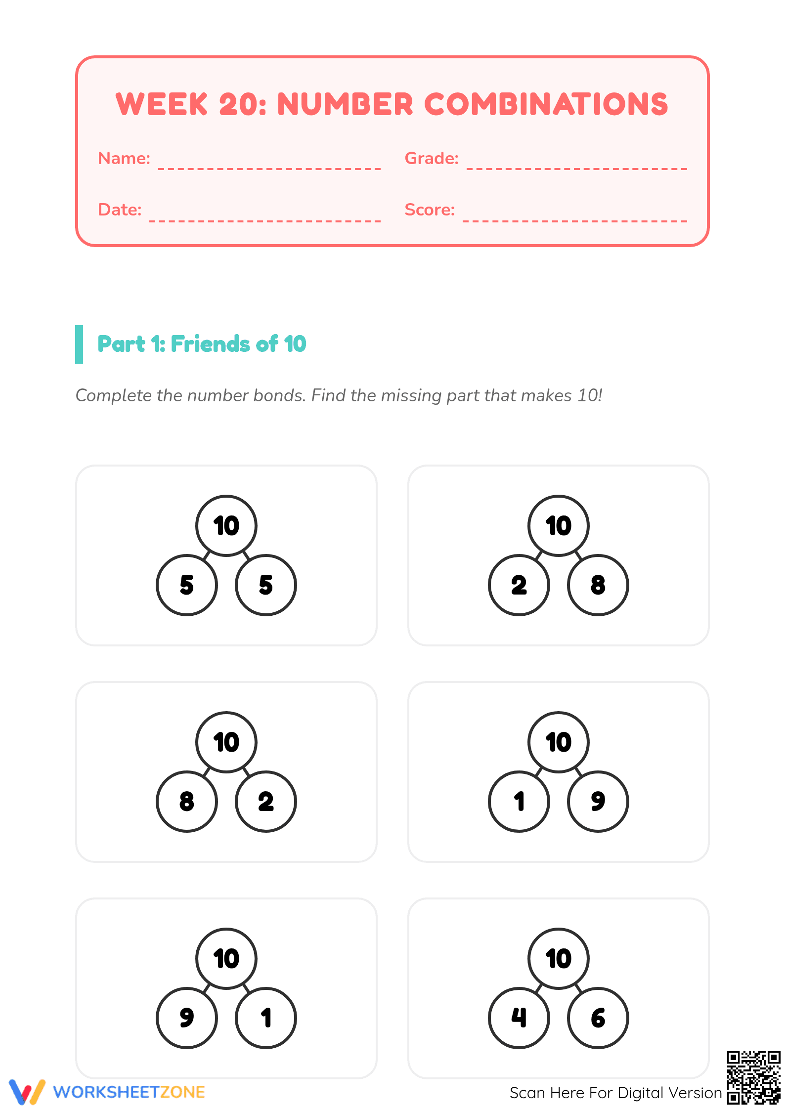 Essential Friends of 10 Number Bonds Worksheet | Grade 1 - Page 1