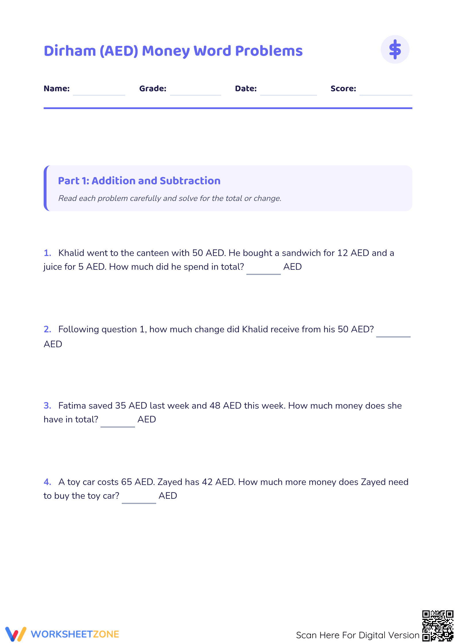 Printable AED Money Word Problems | Grade 3-4 Math - Page 1