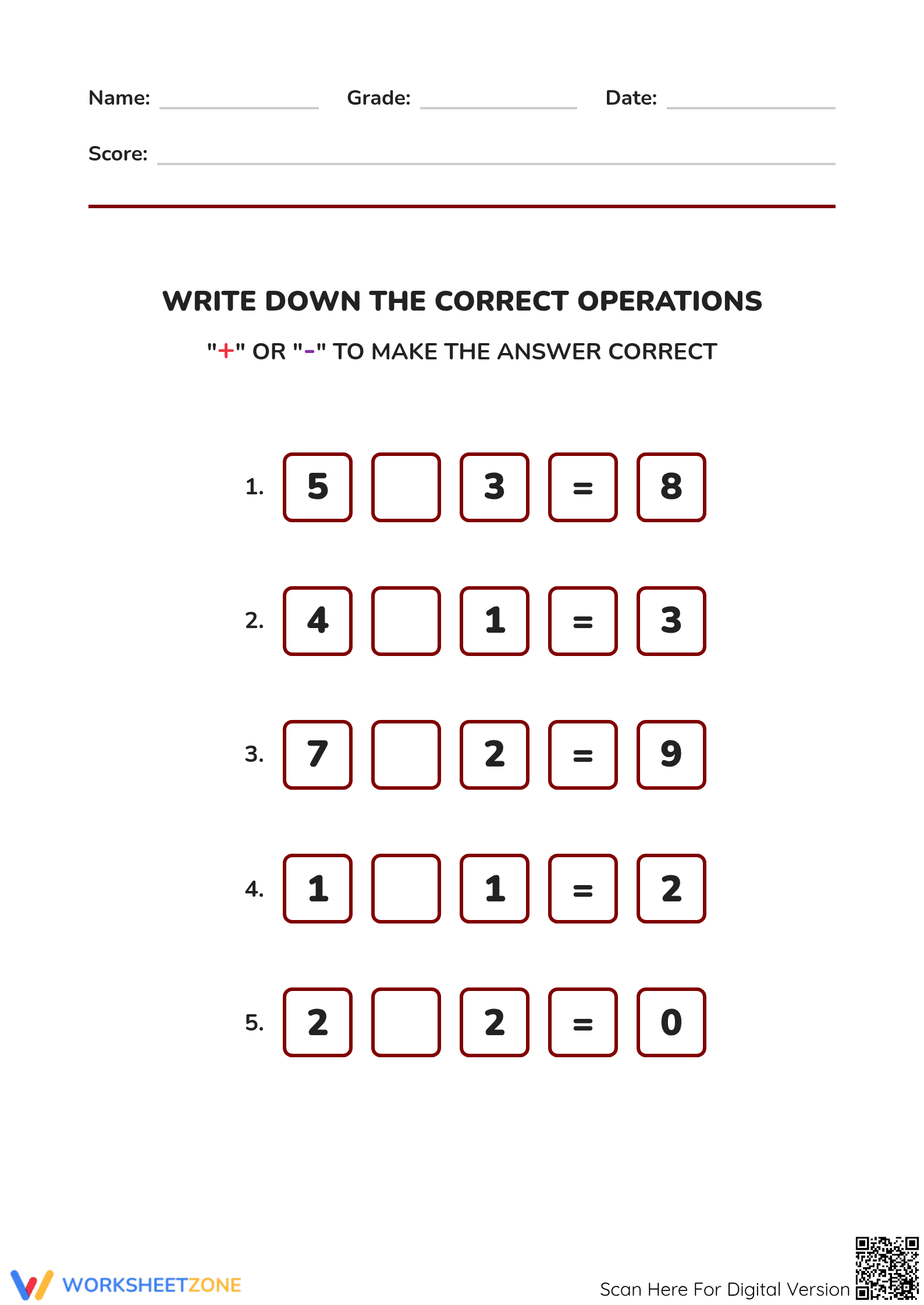 Essential Basic Operations Worksheet | Grade 1-2 Math - Page 1