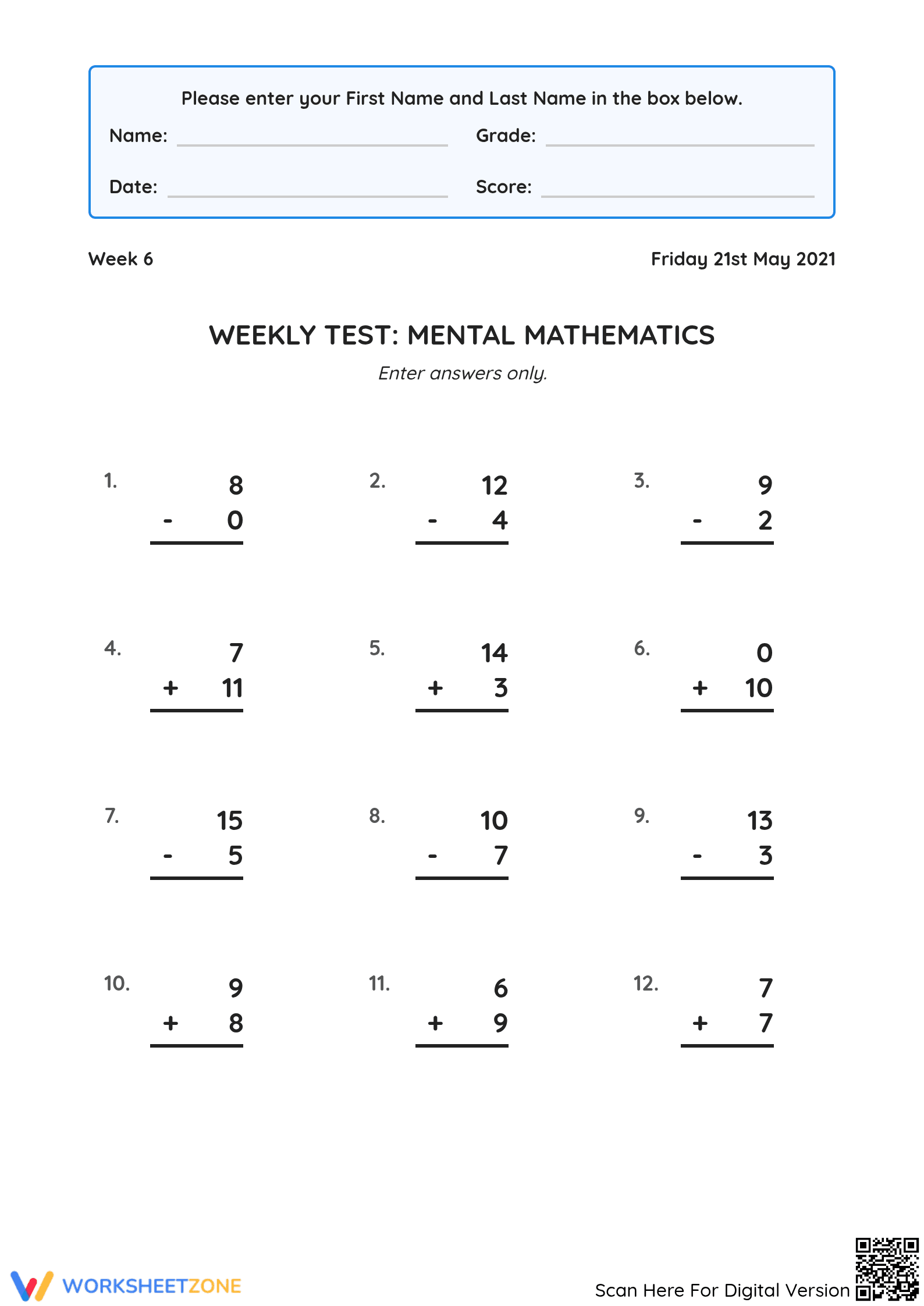 Mental Math Test Worksheet | Essential Grade 2-4 Math Practice - Page 1