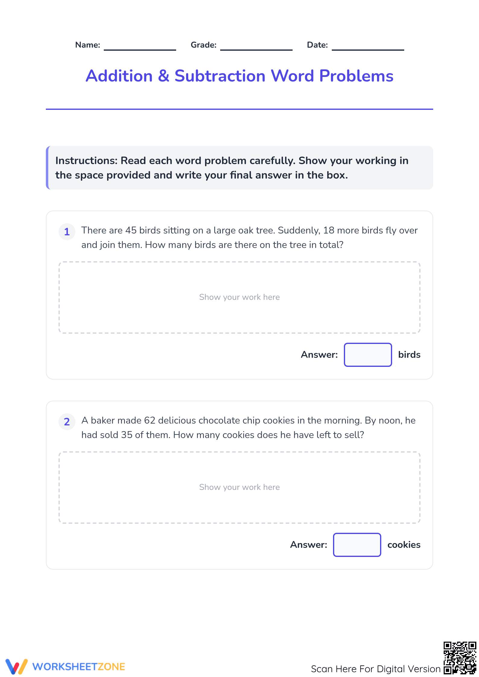 Essential Grade 2-3 Addition & Subtraction Word Problems - Page 1