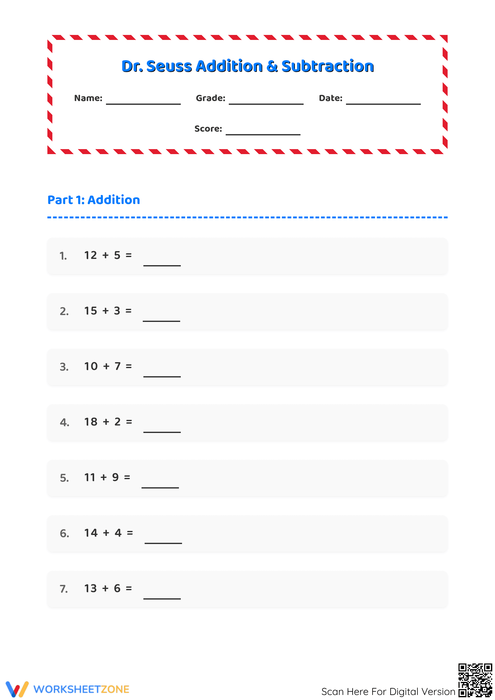 Printable Dr. Seuss Addition and Subtraction: Grade 1-2 Math - Page 1