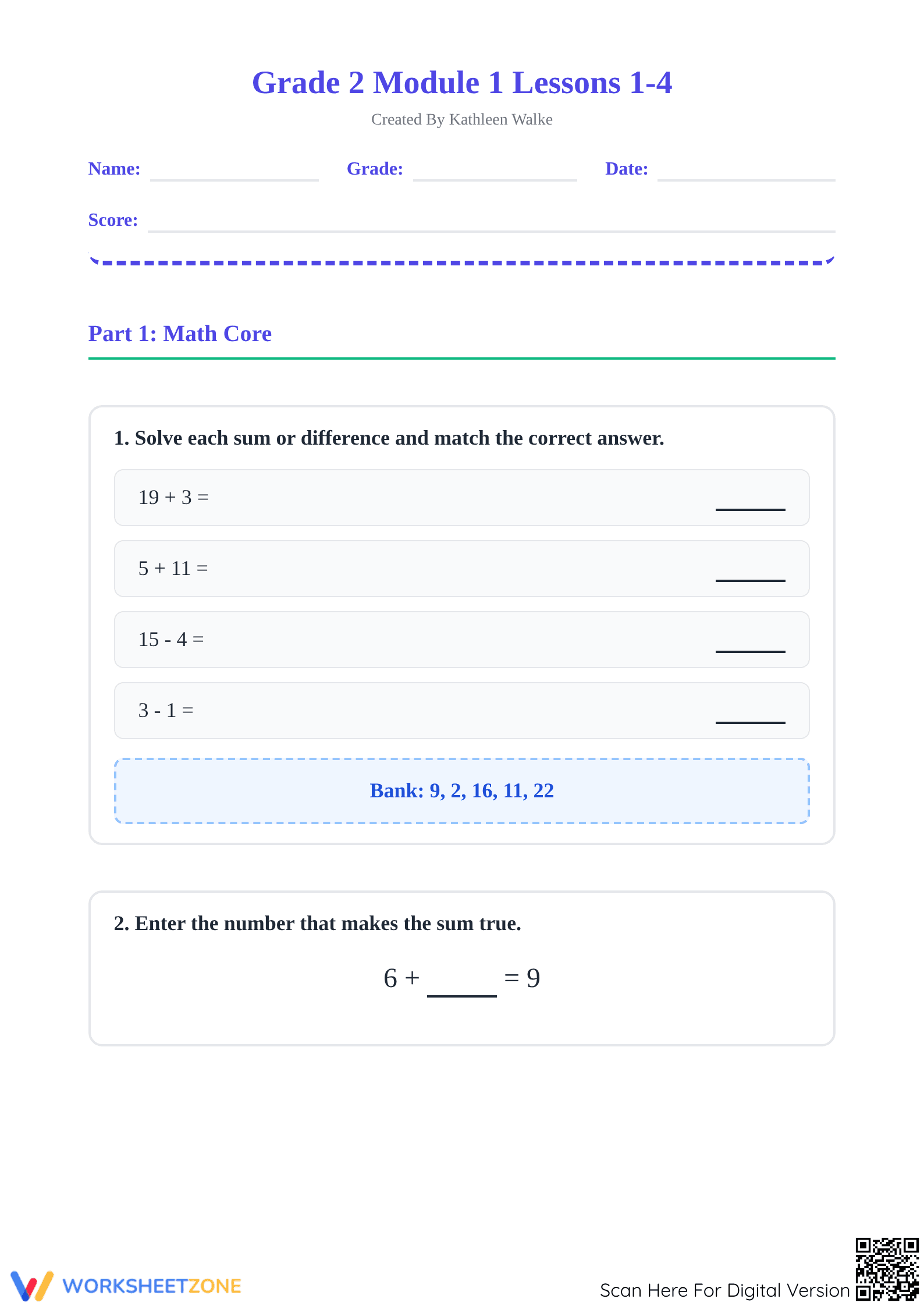 Grade 2 Math Module 1 Quiz | Essential Printable - Page 1