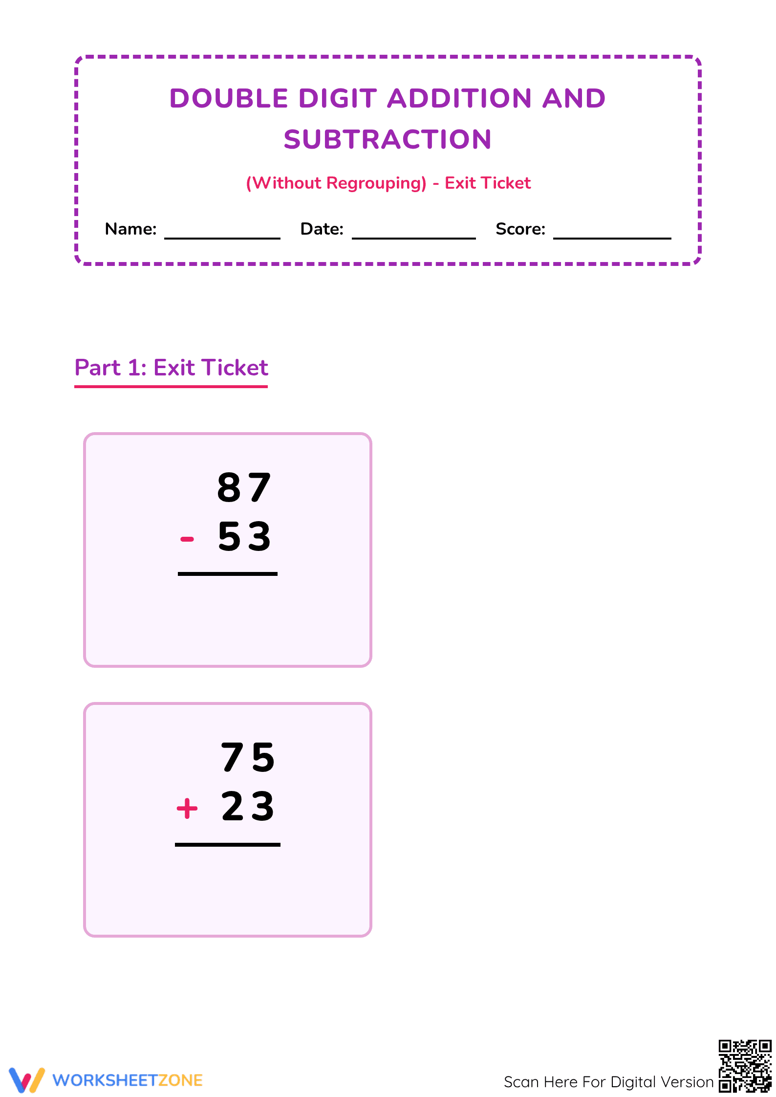 Double Digit Addition & Subtraction — Printable Grade 2 - Page 1