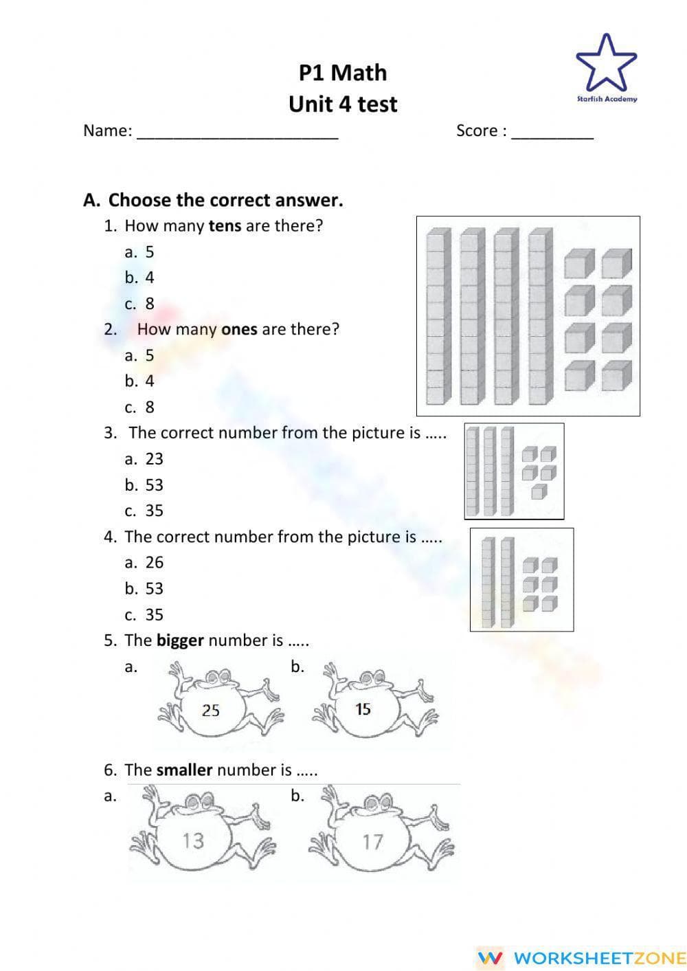 P1 Math Unit 4 Test Worksheet for Practice - Page 1