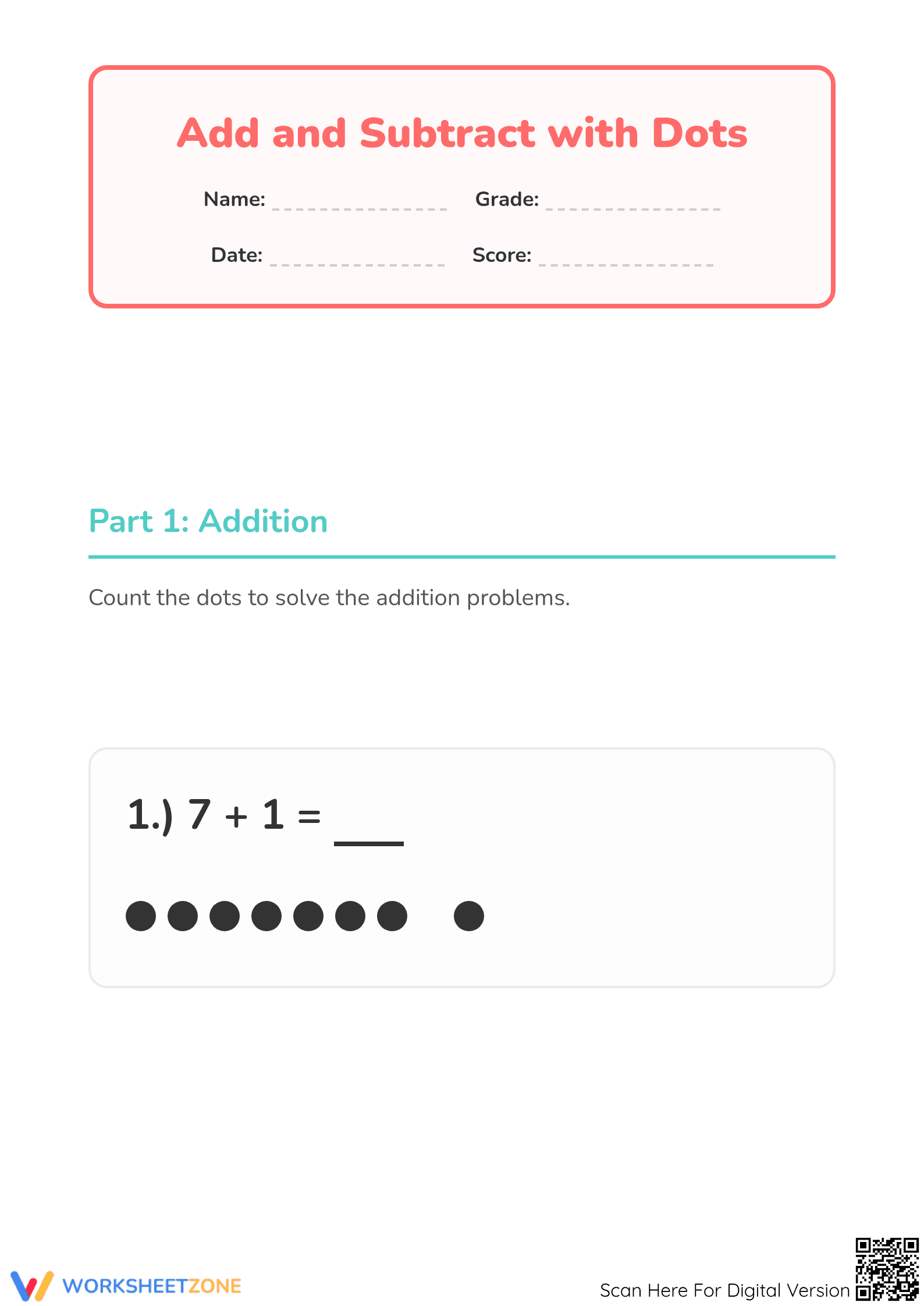 Essential Add and Subtract with Dots Worksheet | Grade K-1 - Page 1