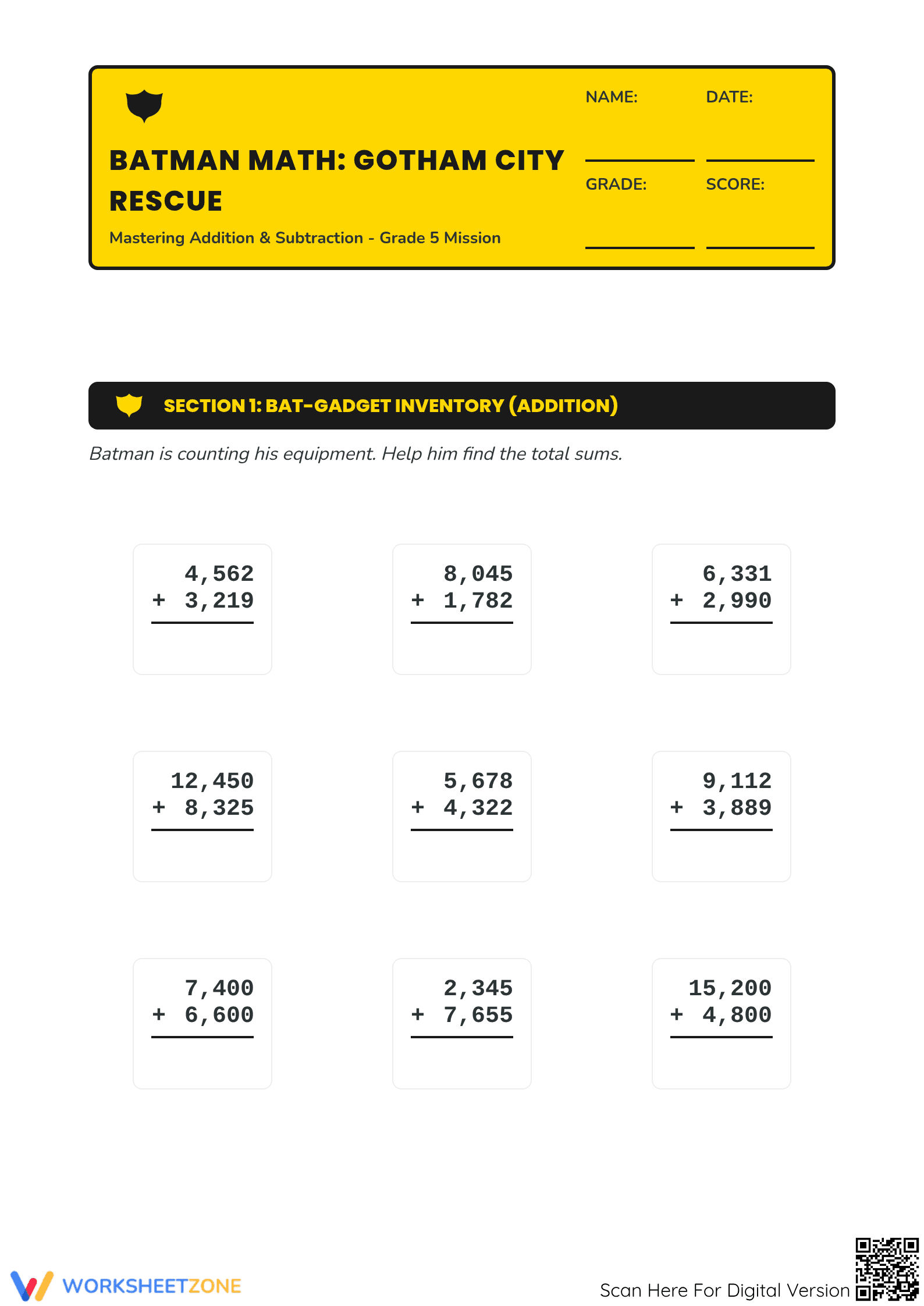 Essential Batman Math Worksheet | Grade 5 Aligned - Page 1