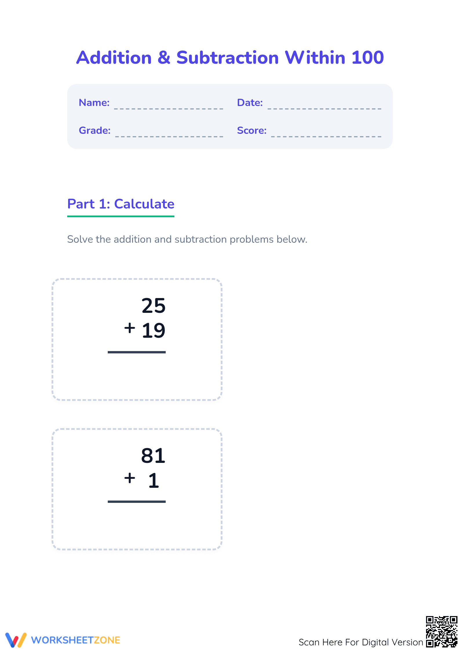 Printable Grade 2 Add & Subtraction Within 100 Worksheet - Page 1