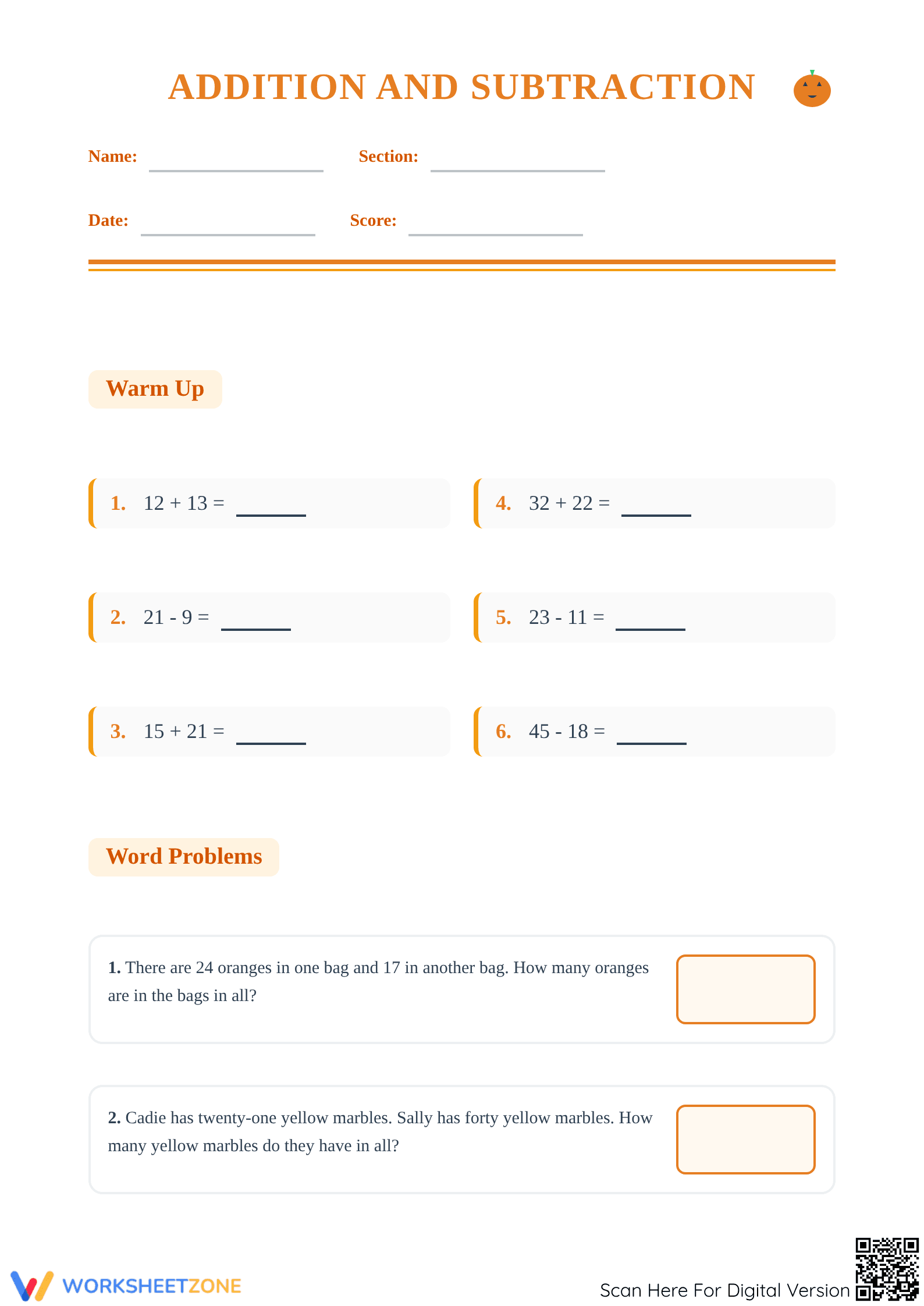 Essential Addition and Subtraction Word Problems Worksheet - Page 1