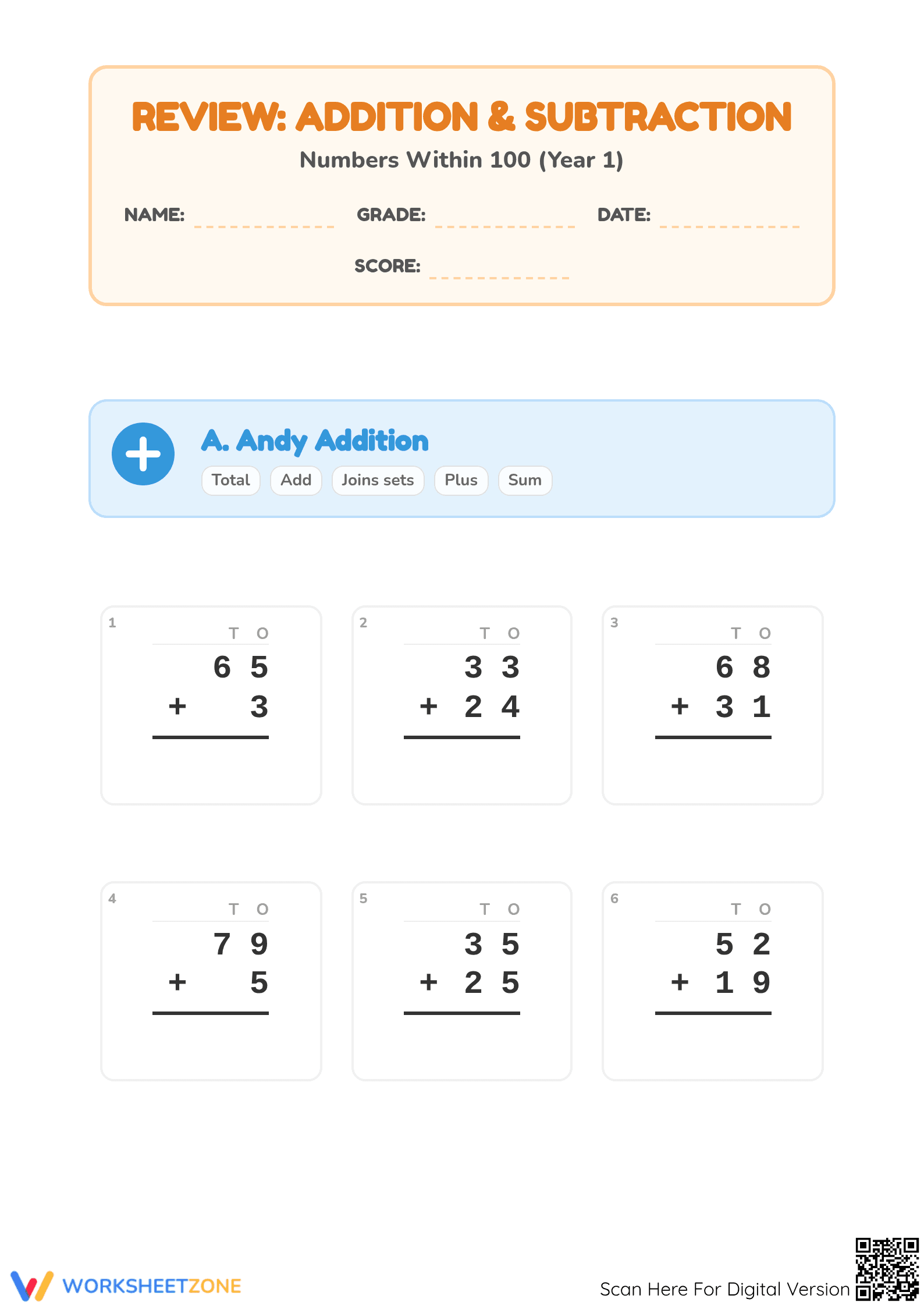 Printable Grade 2 Addition and Subtraction Within 100 - Page 1