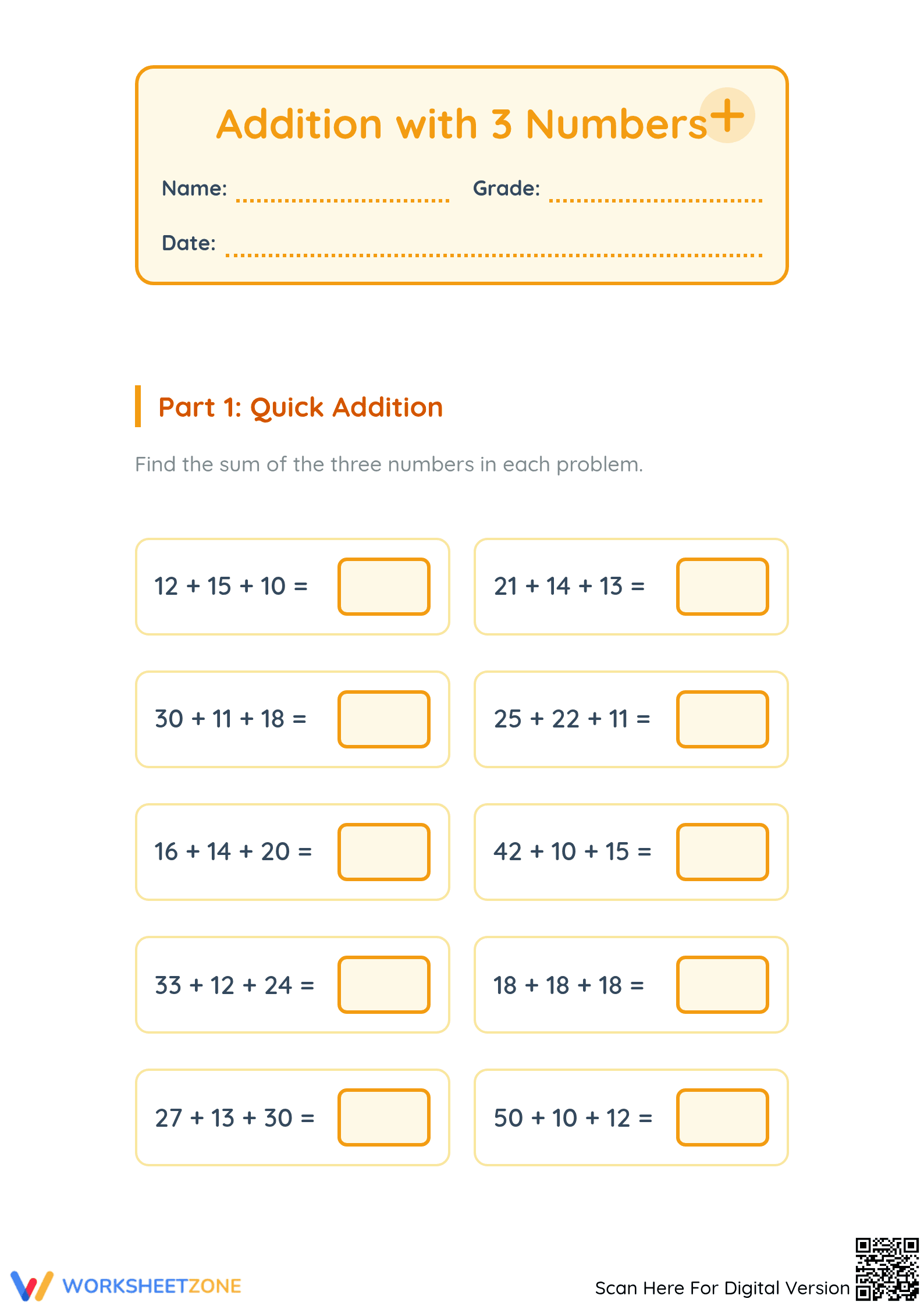 Printable Addition with 3 Numbers Worksheet | Grade 2-3 - Page 1