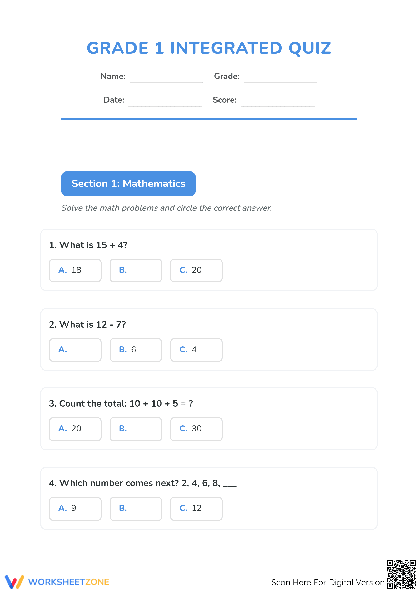Grade 1 Integrated Quiz: Essential Math & ELA Review - Page 1
