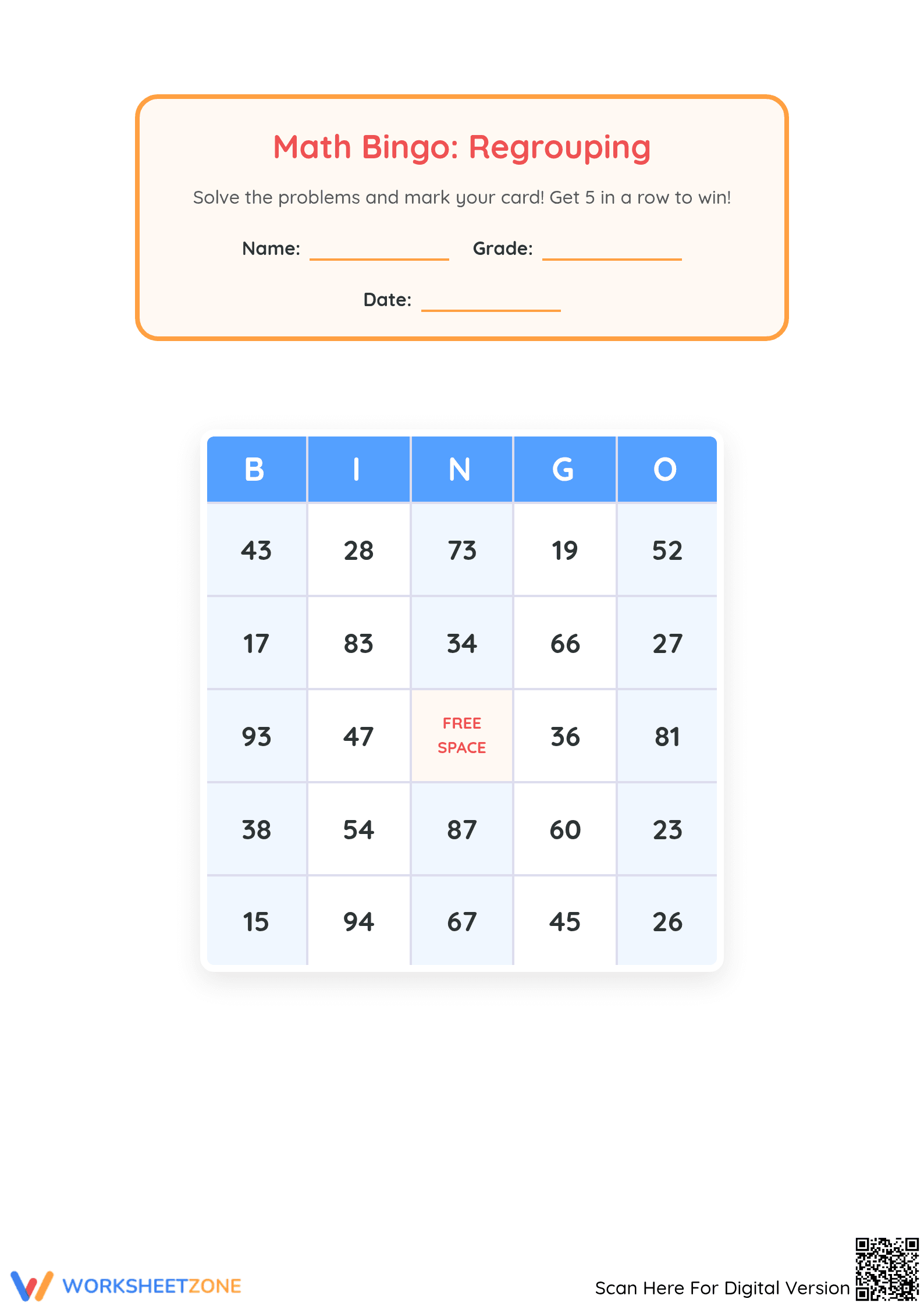 Printable Regrouping Bingo: Addition & Subtraction Card 3 - Page 1
