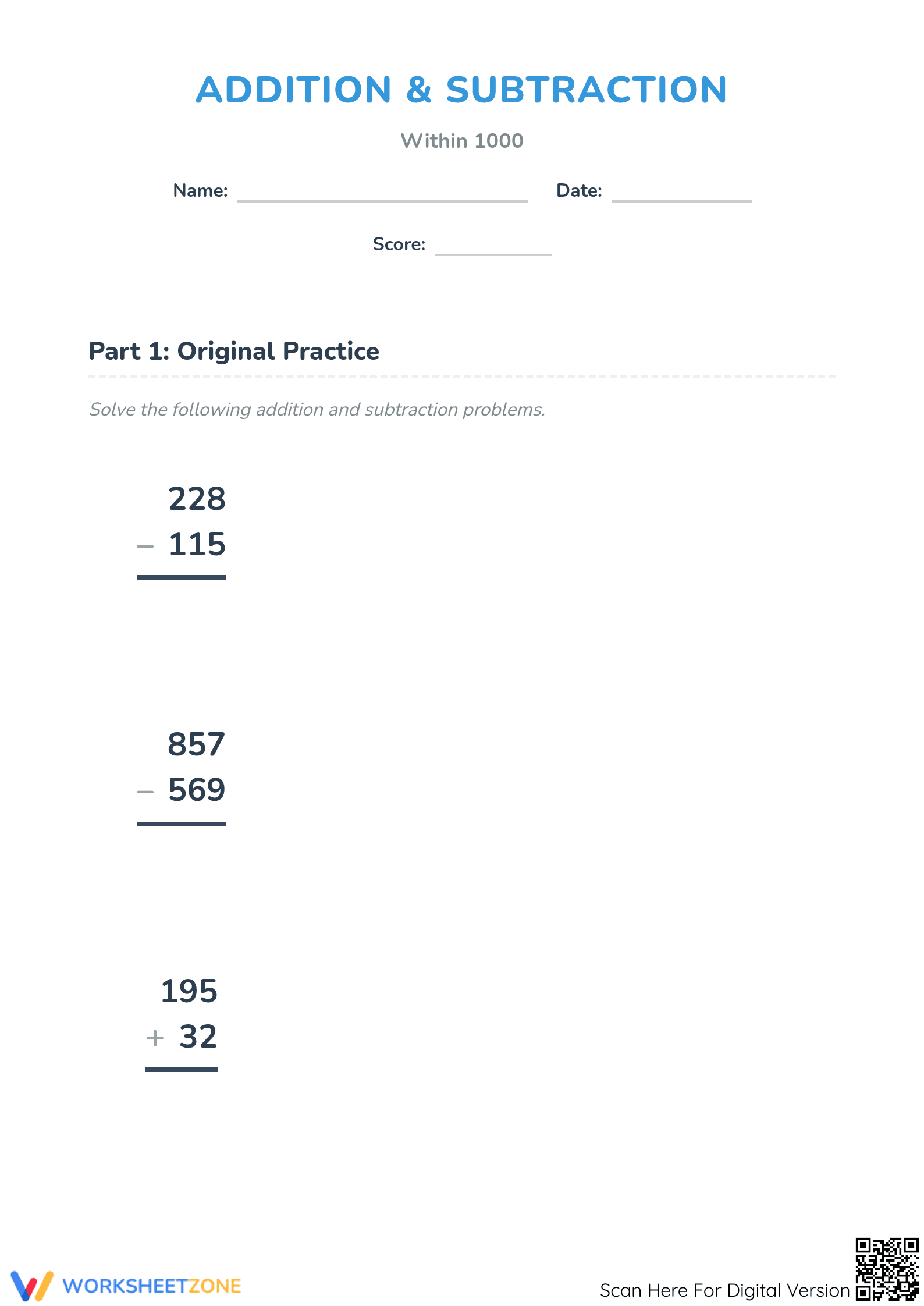 Printable Addition and Subtraction Within 1000 Practice - Page 1