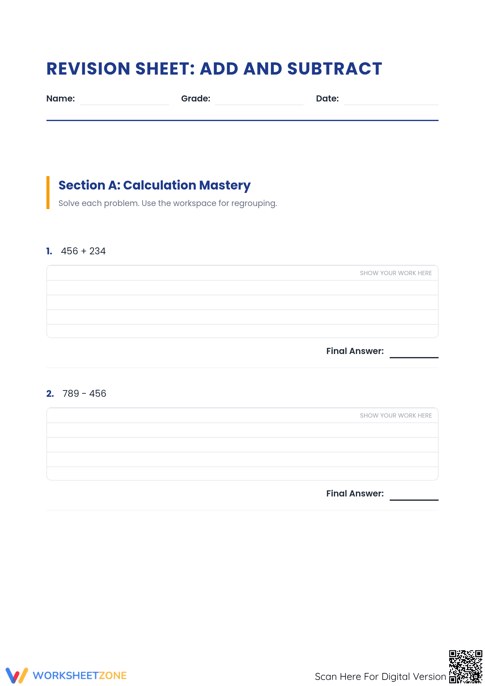 Printable Multi-Digit Addition and Subtraction Worksheet - Page 1