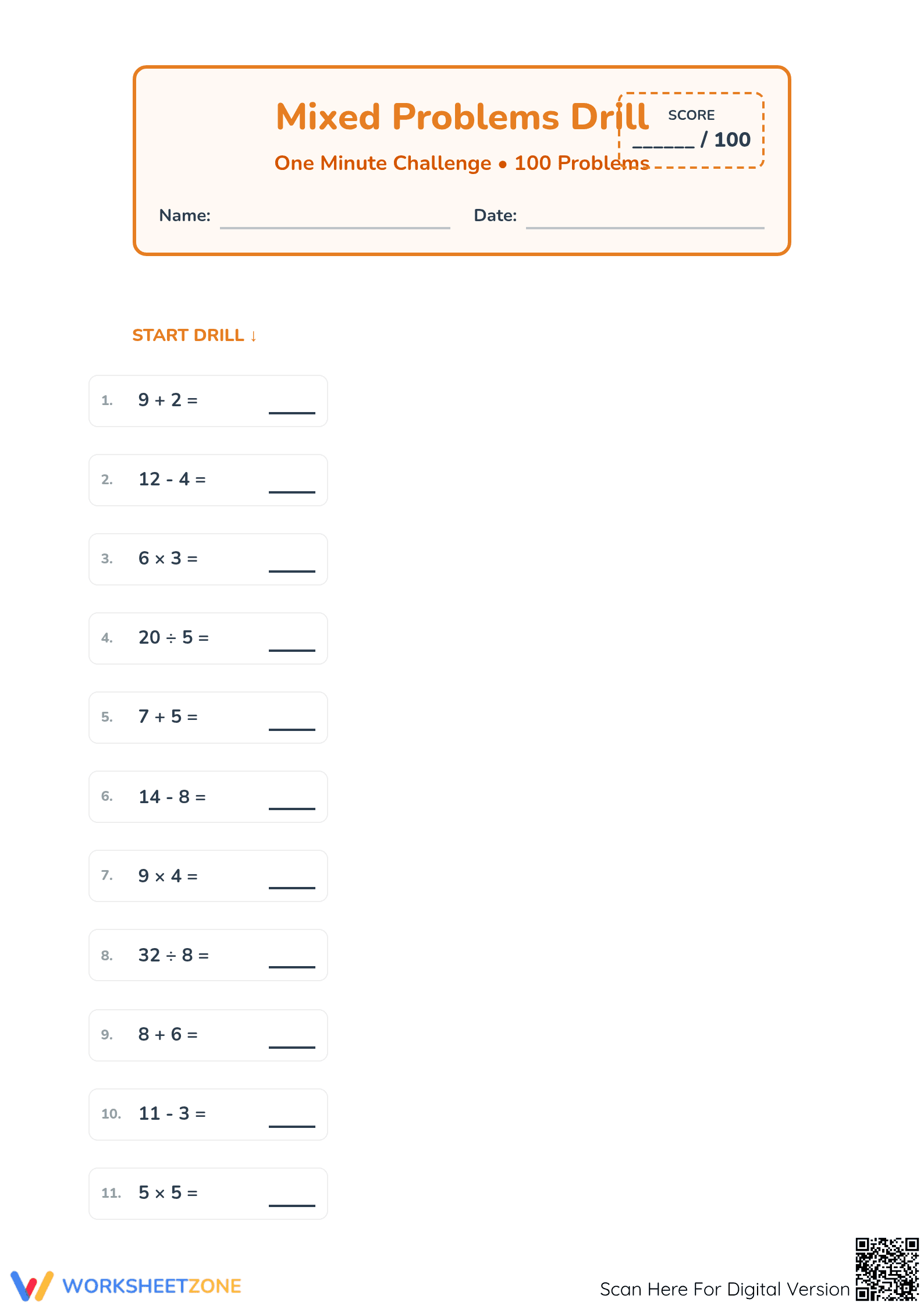 Essential Mixed Math Drill: 100 Problems for Grade 3 - Page 1