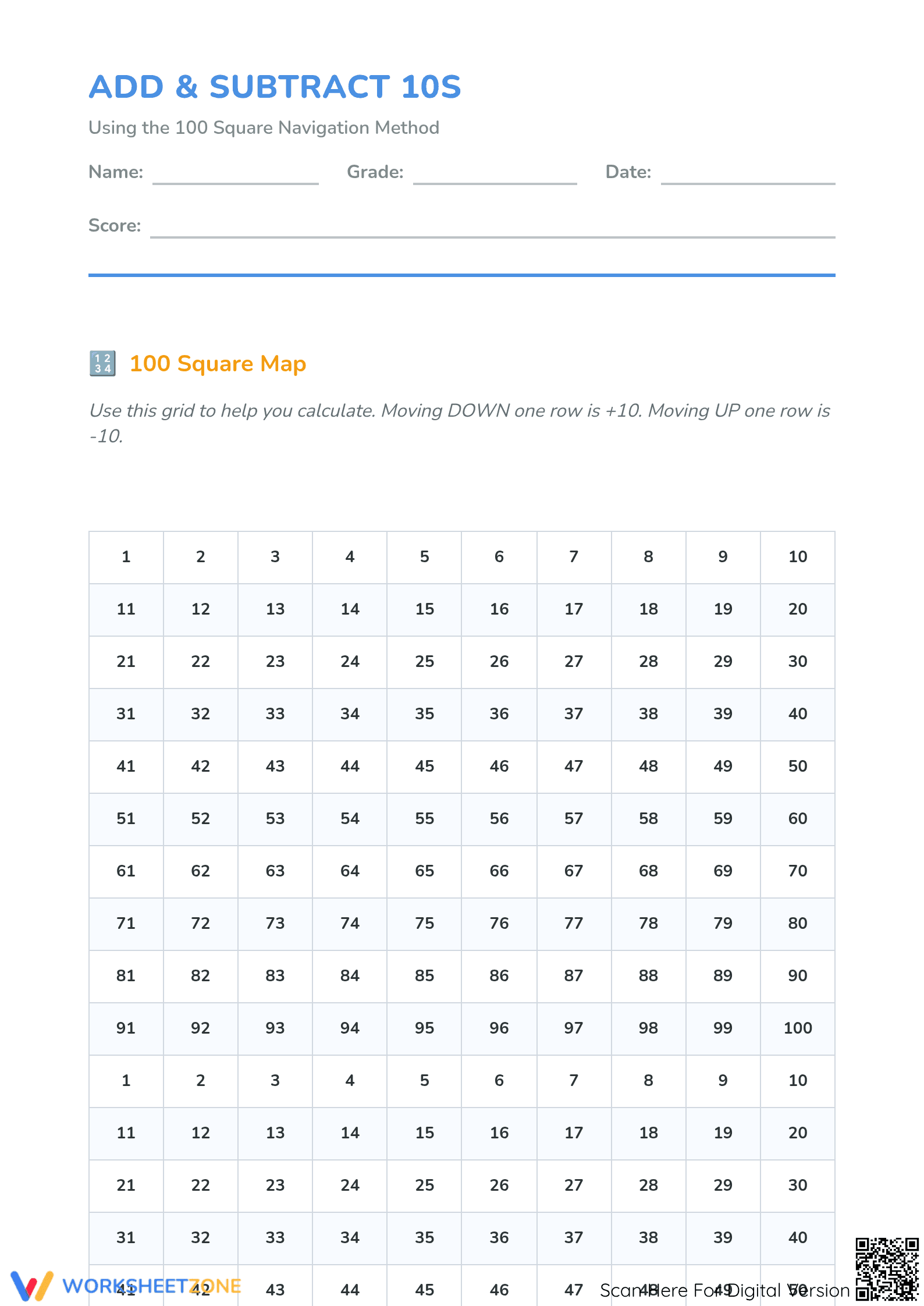 Essential Grade 2 Addition & Subtraction 10s Worksheet - Page 1