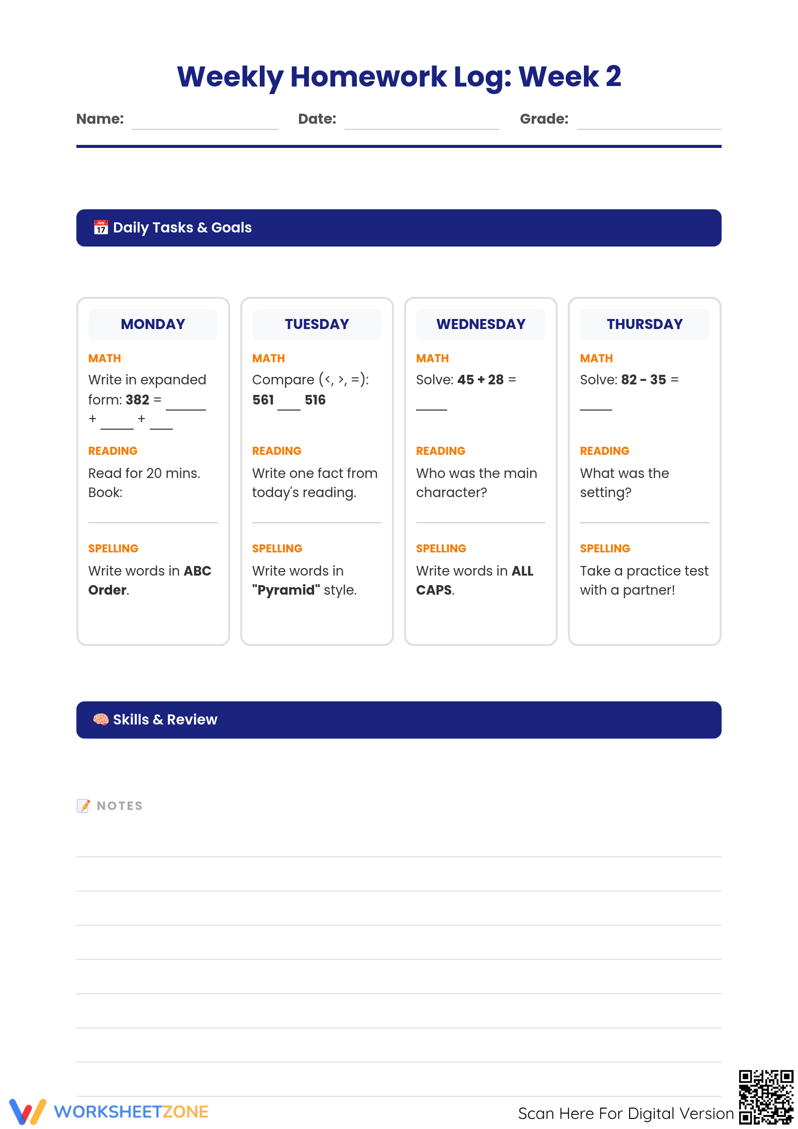 Essential Weekly Homework Log: Week 2 — Grade 3 Math & ELA - Page 1