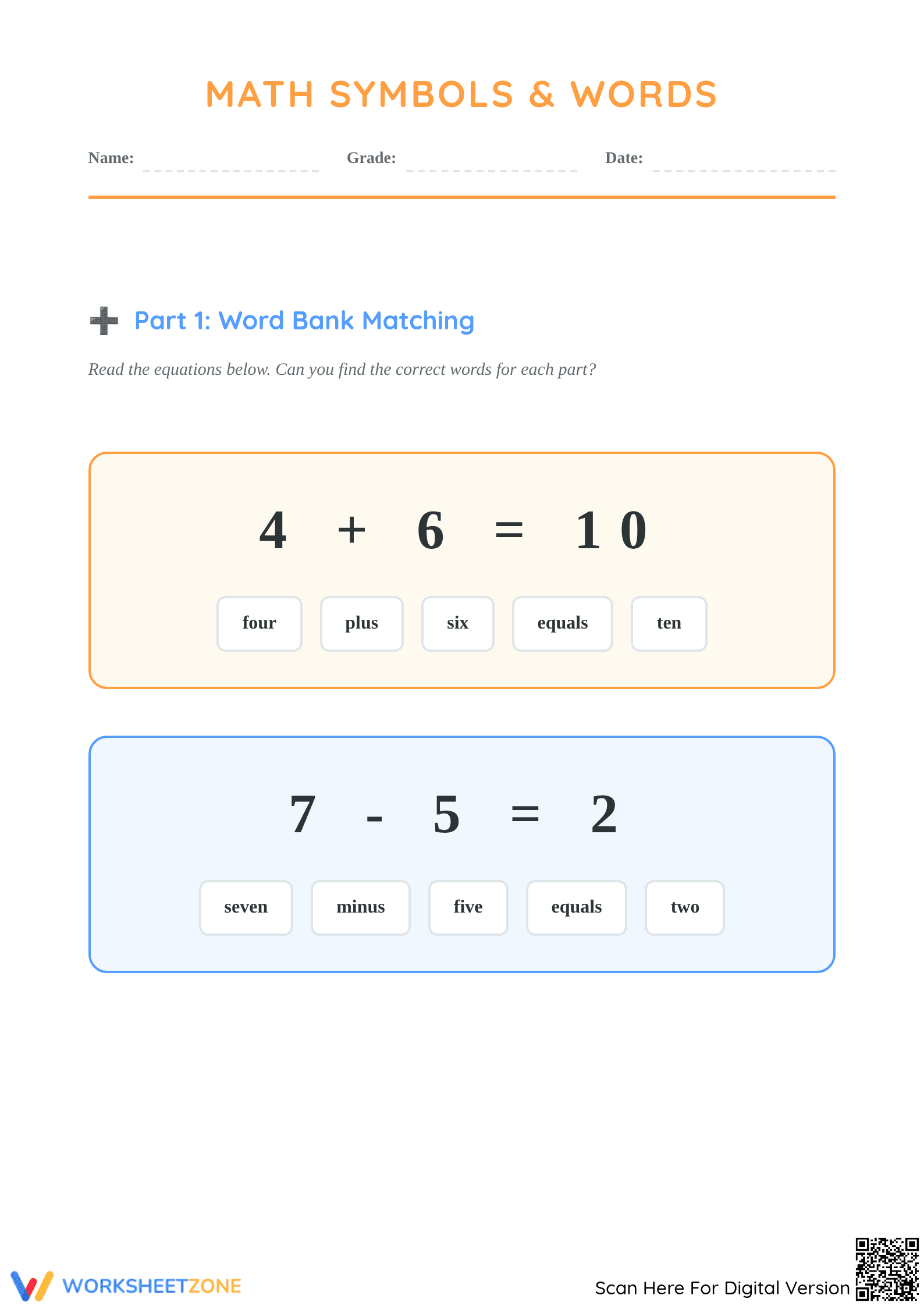 Grade 1 Math Symbols & Vocab Worksheet | Essential Practice - Page 1