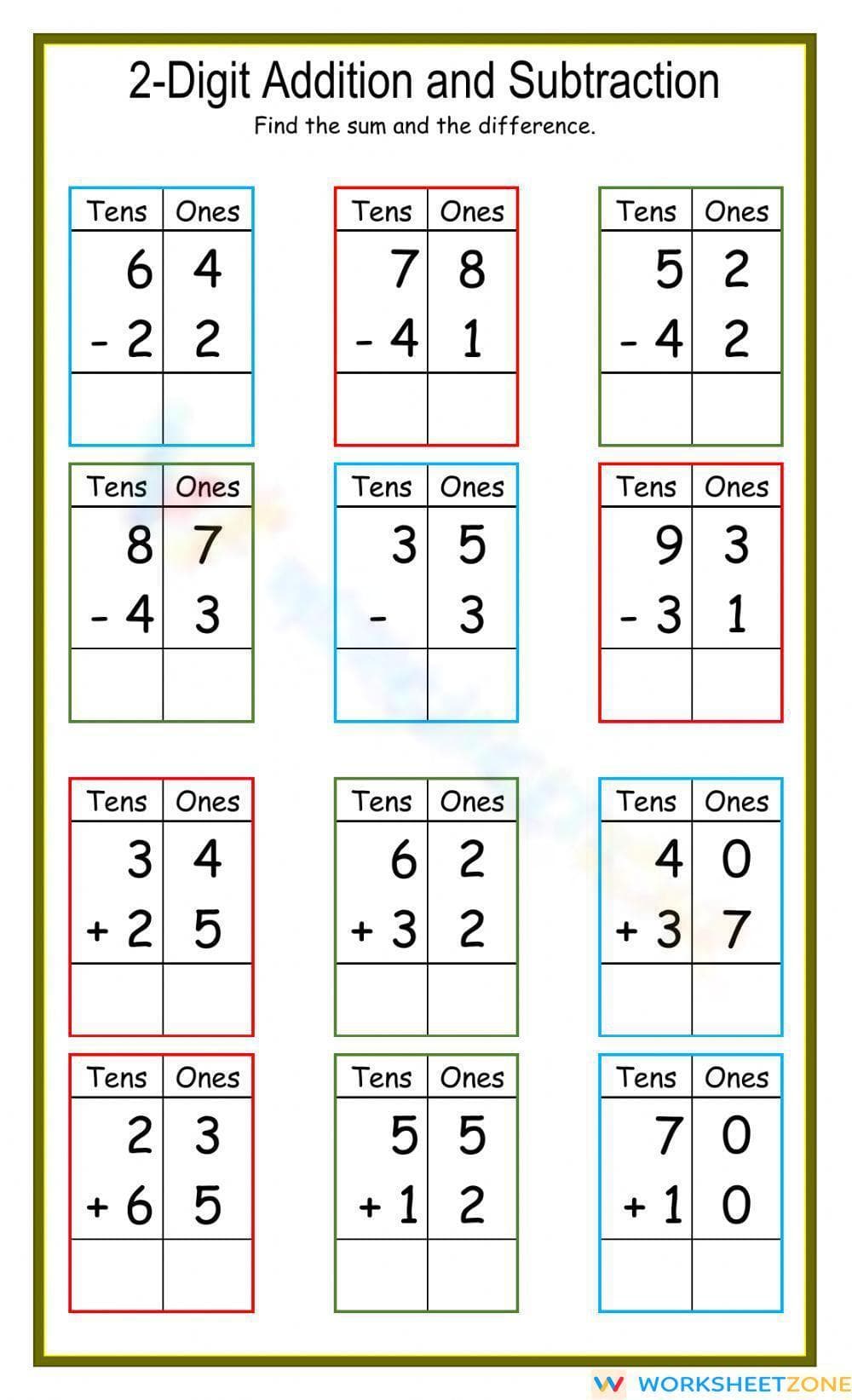 2-Digit Addition & Subtraction Practice Worksheet - Page 1
