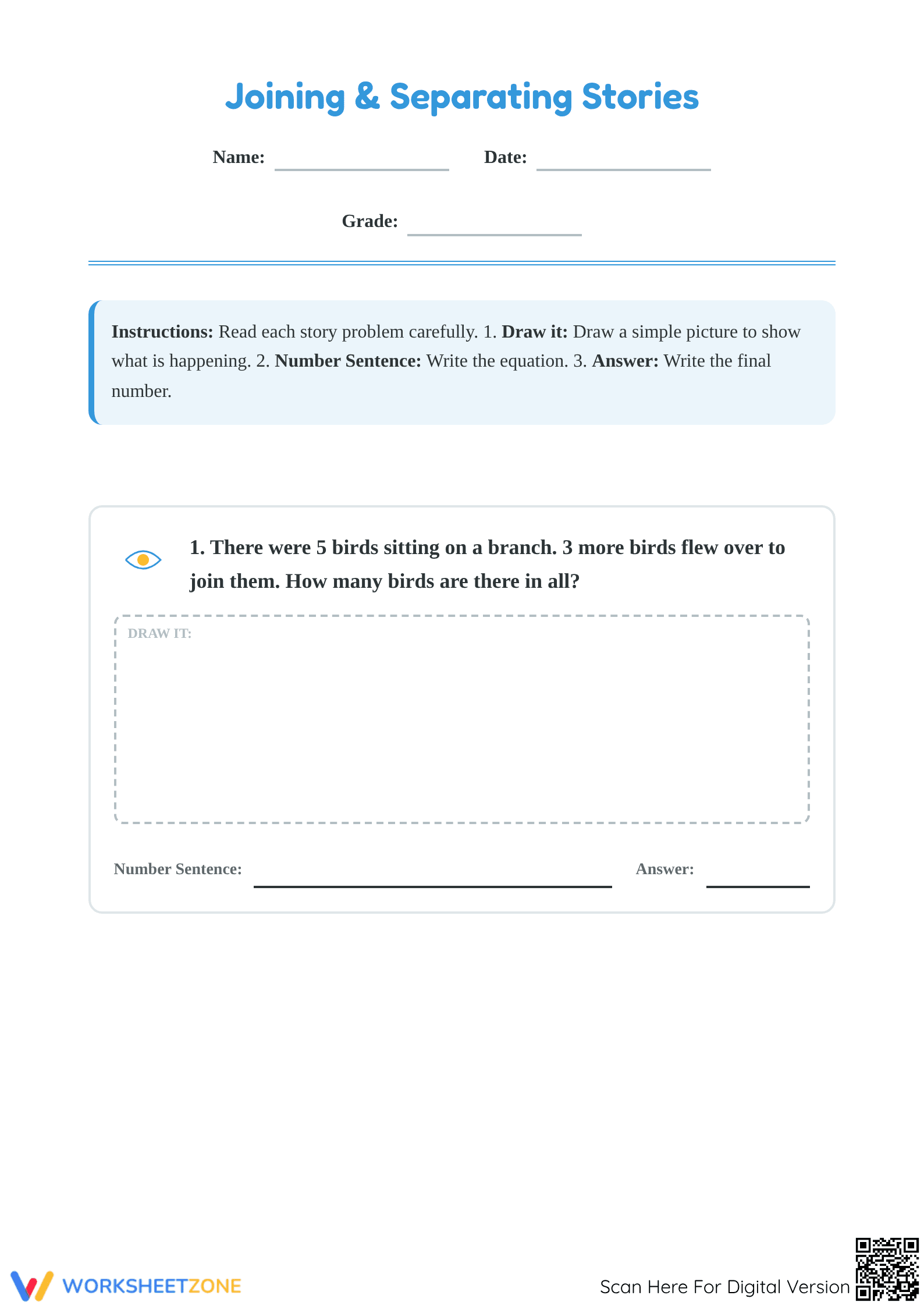 Grade 1 Math Story Problems — Printable No-Prep Worksheet - Page 1