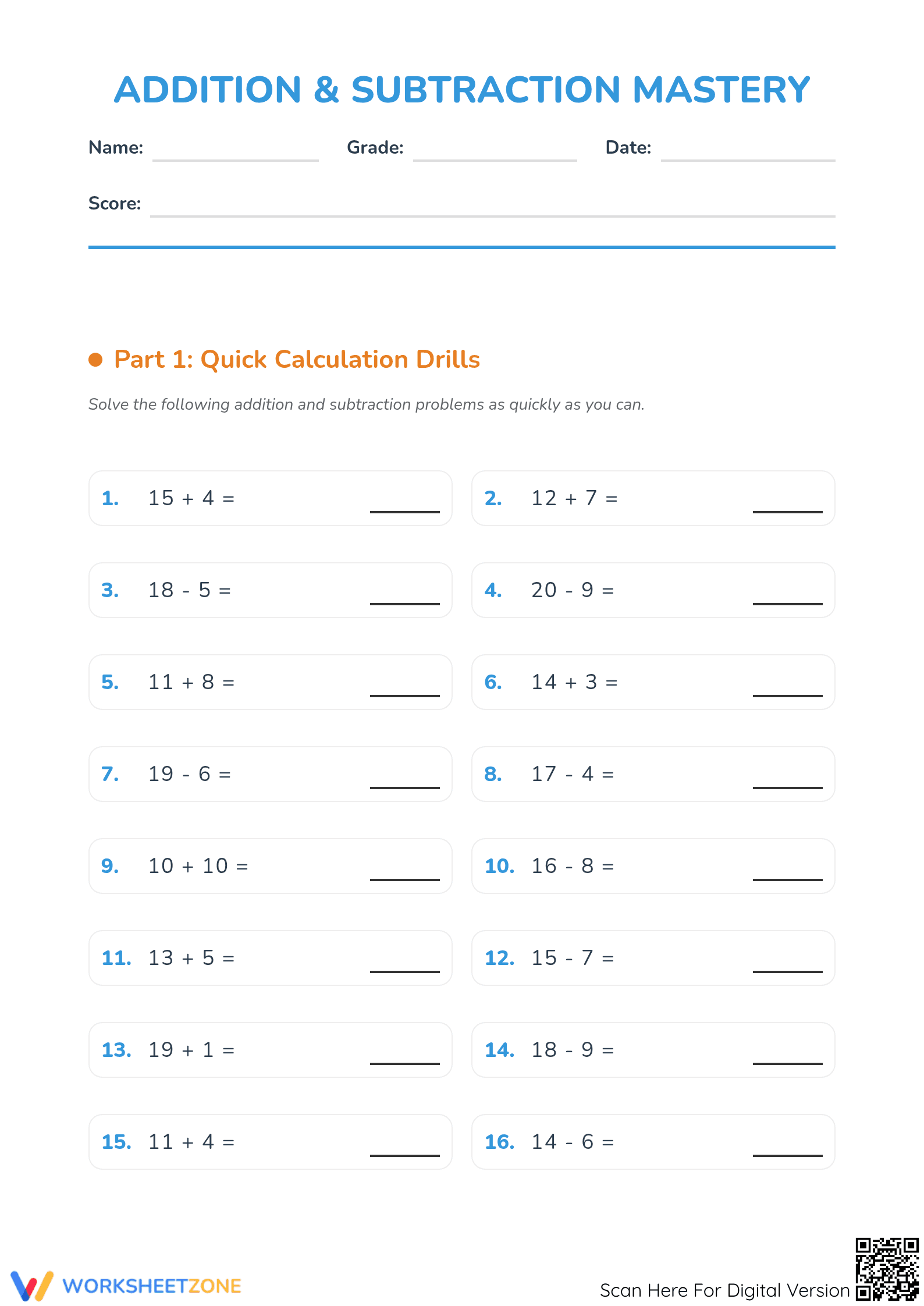 Printable Addition and Subtraction Mastery Worksheet - Page 1