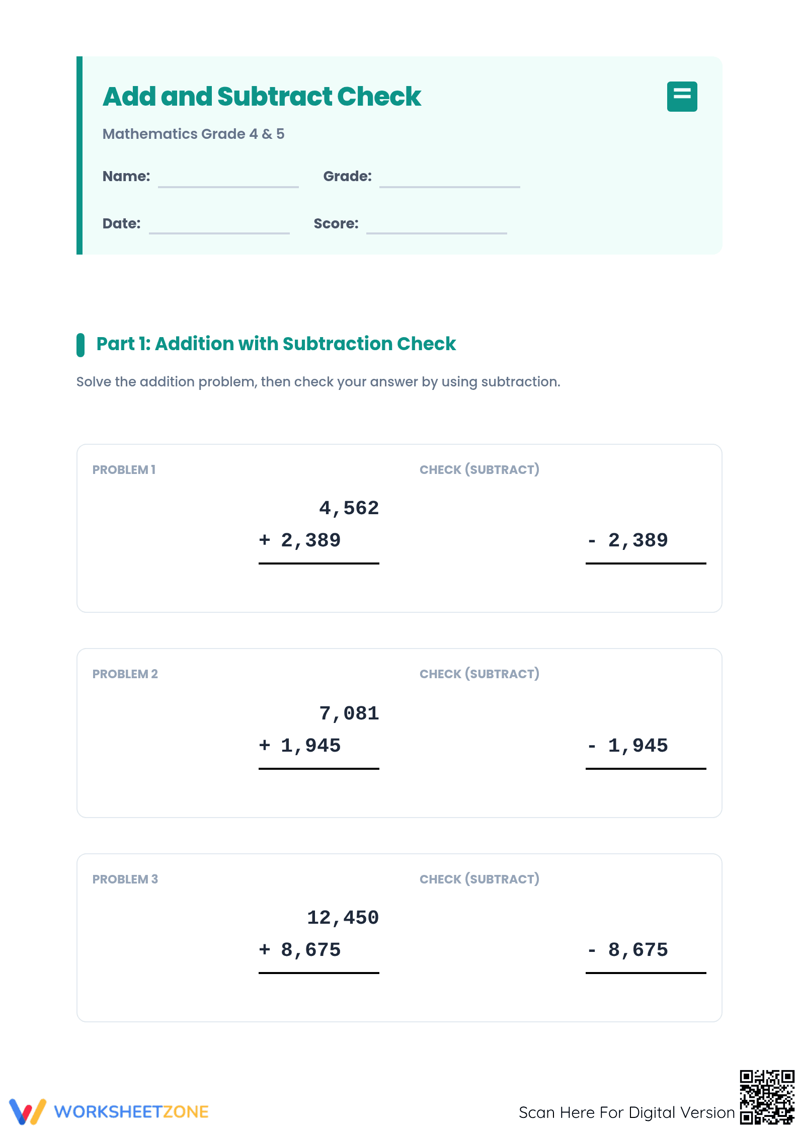 Add and Subtract Check Worksheet | Grade 4-5 Essential - Page 1