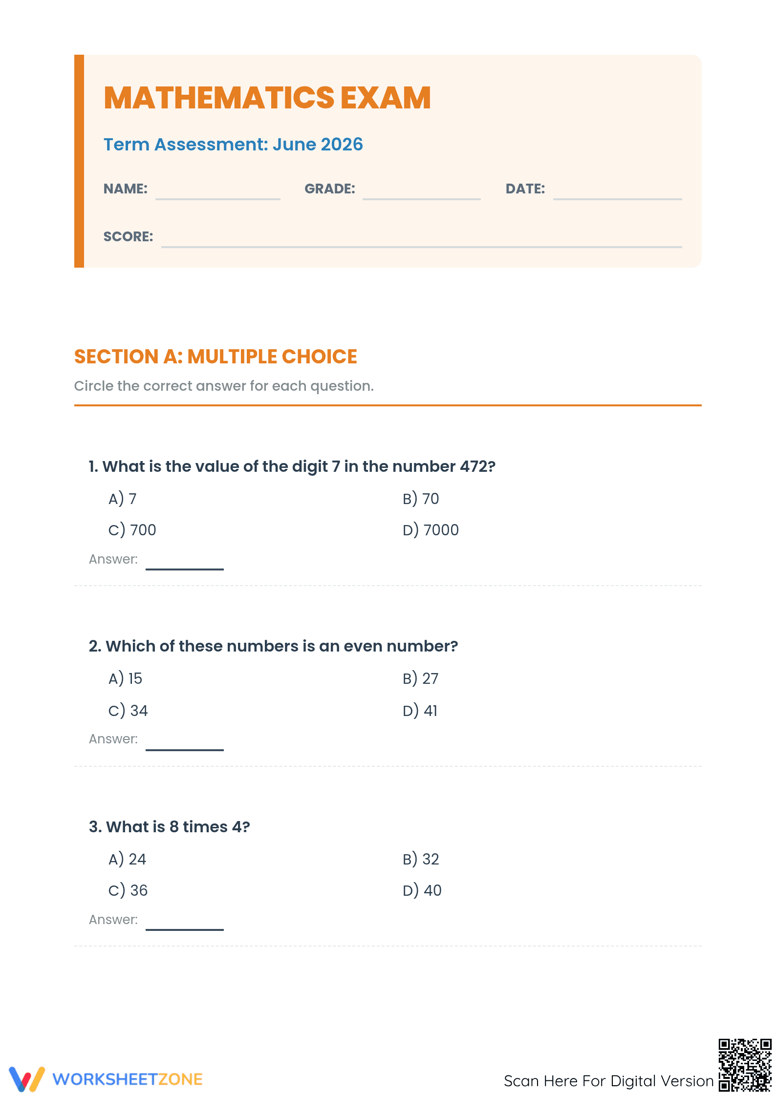 Essential Grade 3 Math Exam: Comprehensive Term Assessment - Page 1