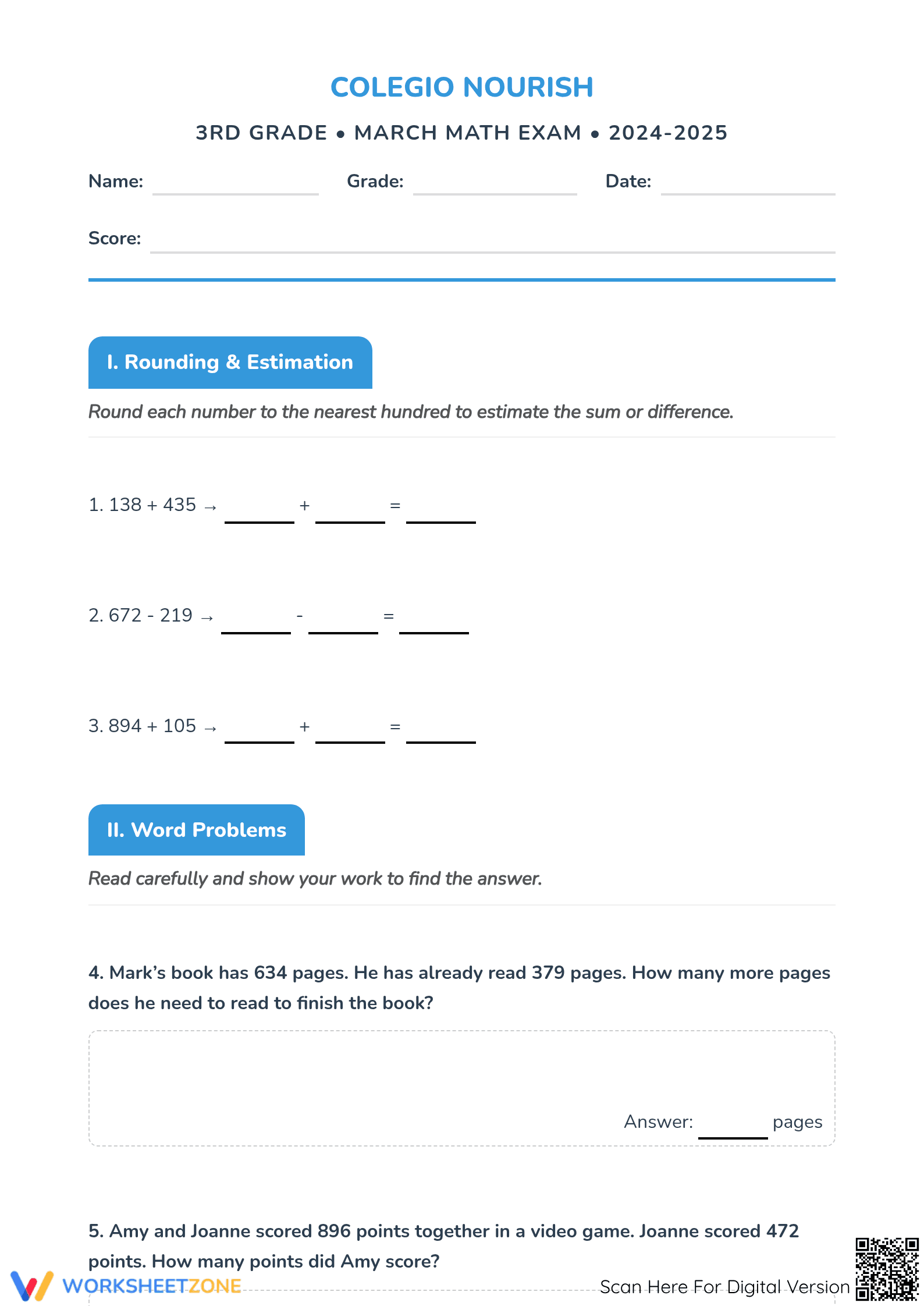 Essential Grade 3 Math March Review & Exam Worksheet - Page 1
