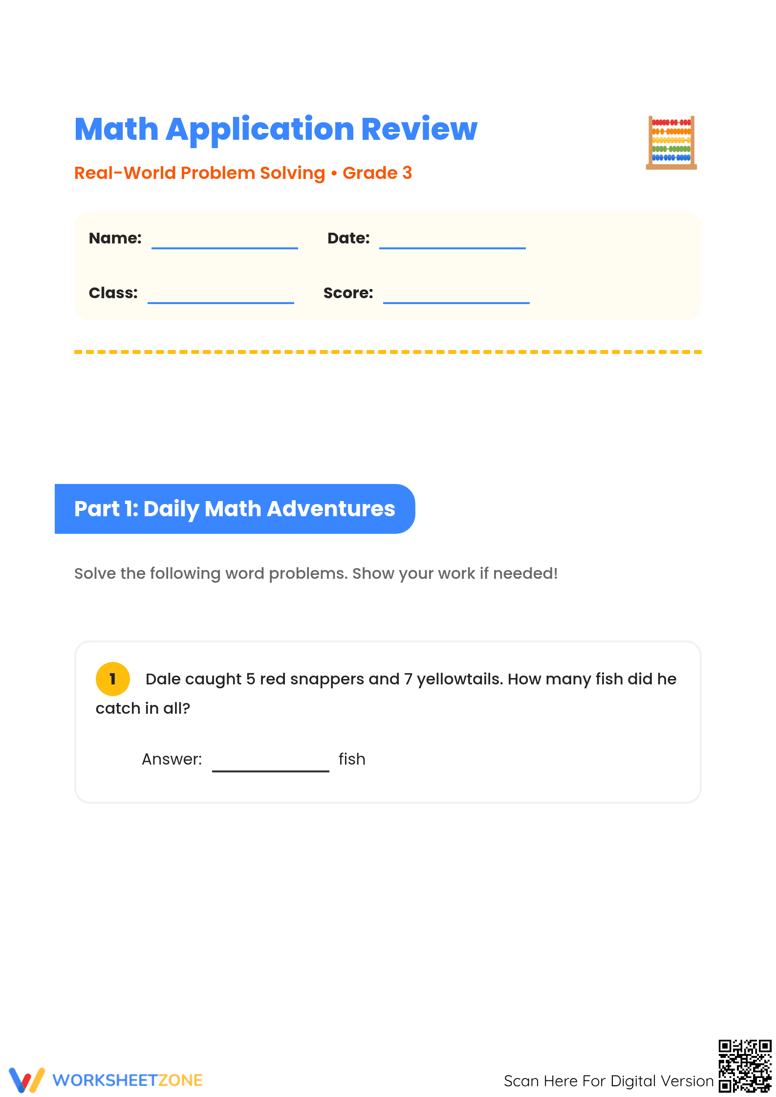 Essential Grade 3 Math Word Problems Review Worksheet - Page 1