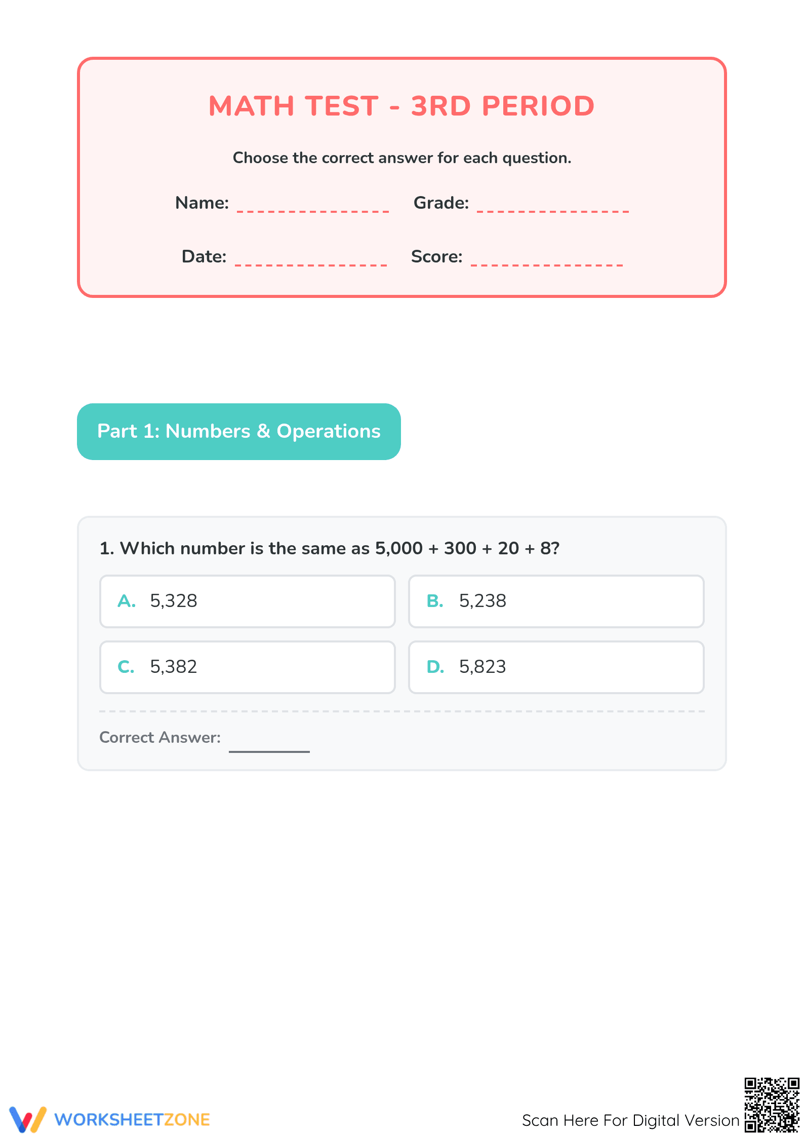 3.NBT.A.2 Worksheet: Math Test — Grade 3 Aligned - Page 1