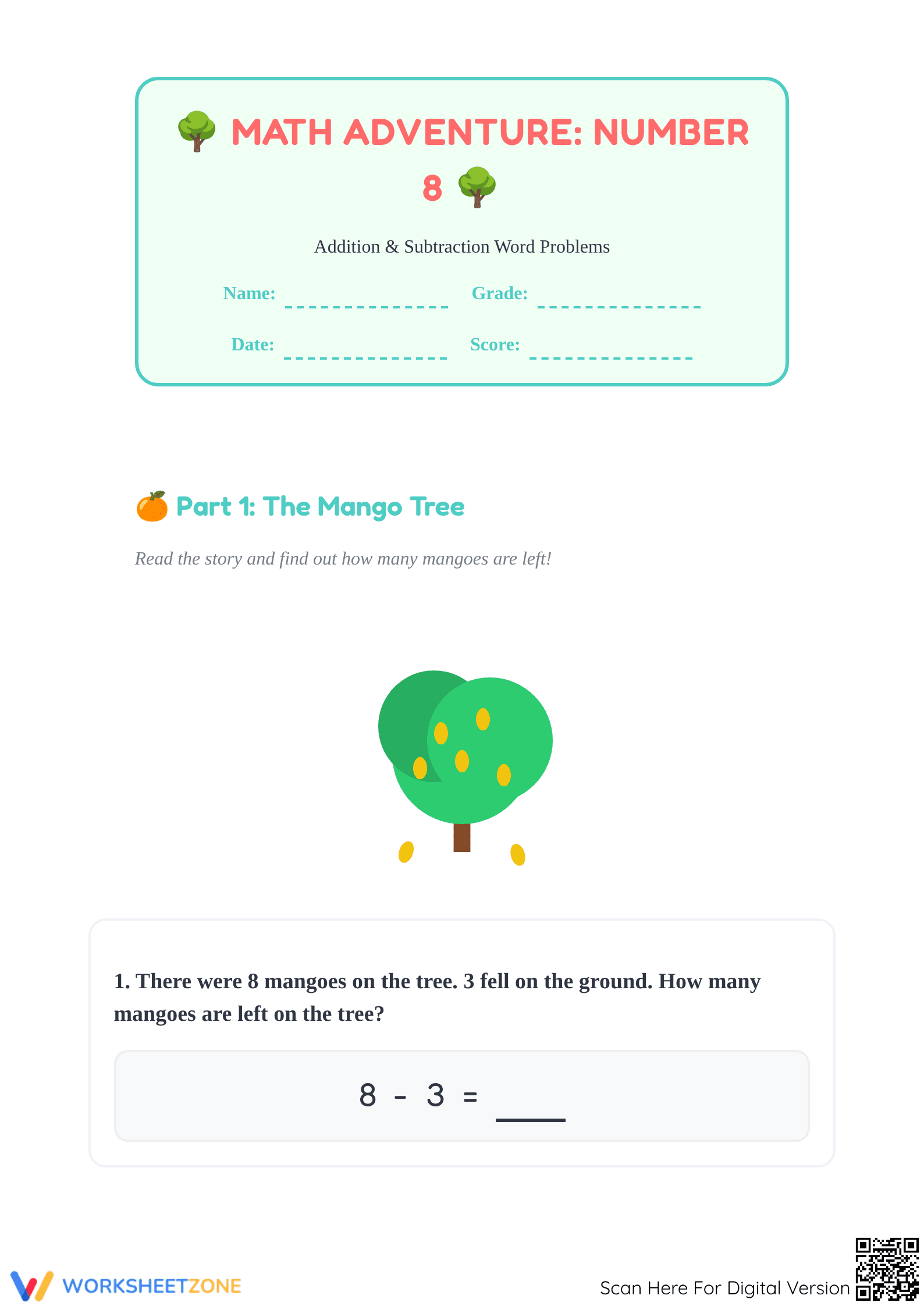 Grade 1 Number 8 Math — Printable No-Prep Worksheet - Page 1