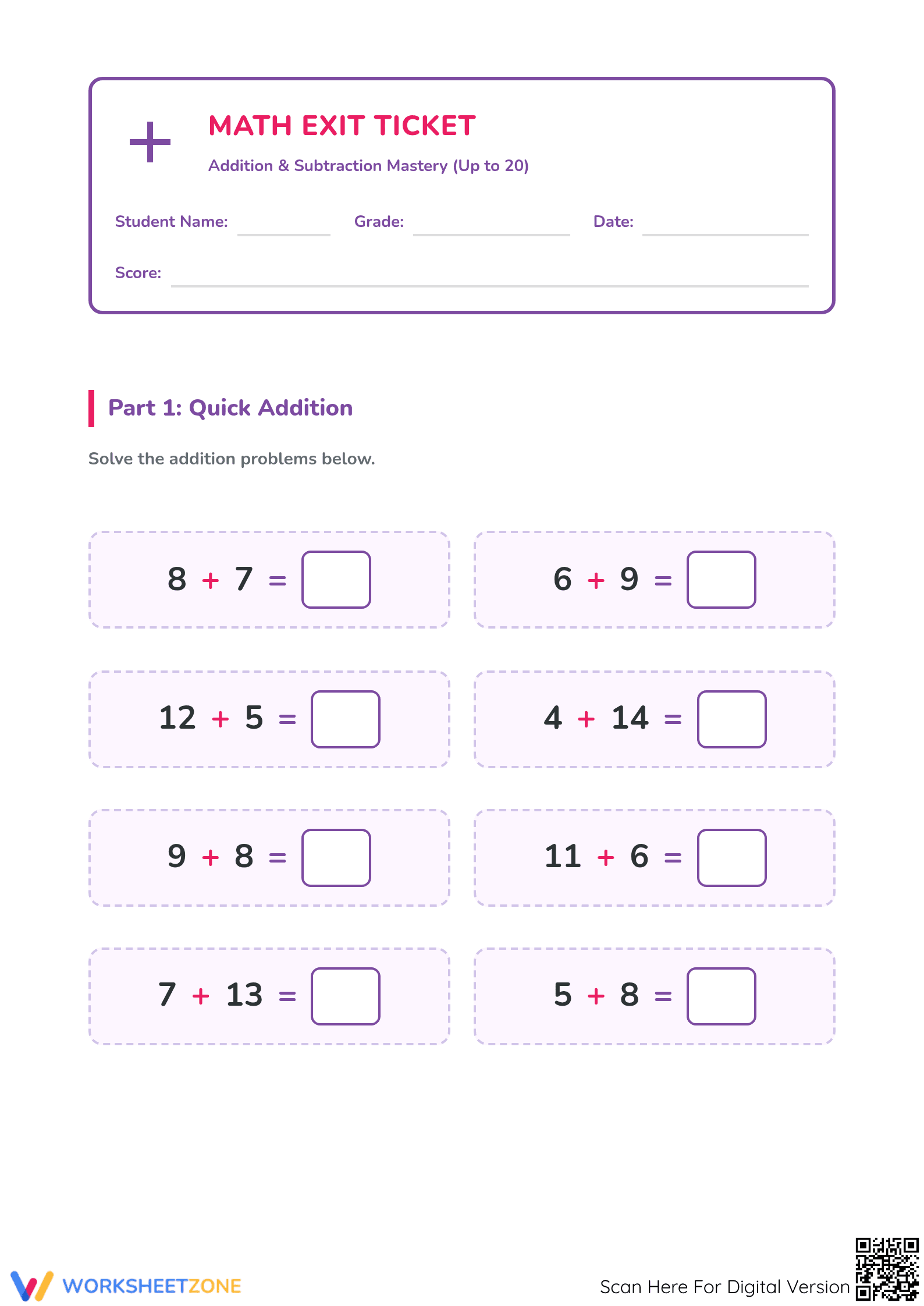 Essential Addition and Subtraction to 20 Exit Ticket - Page 1