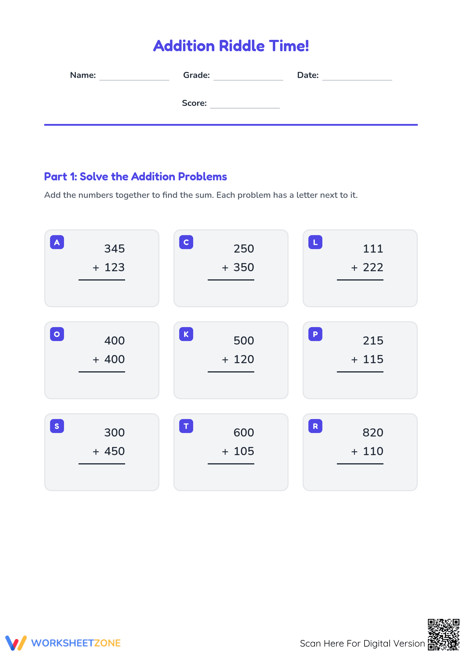 Printable Addition Riddle Worksheet | Grade 3 Math - Page 1
