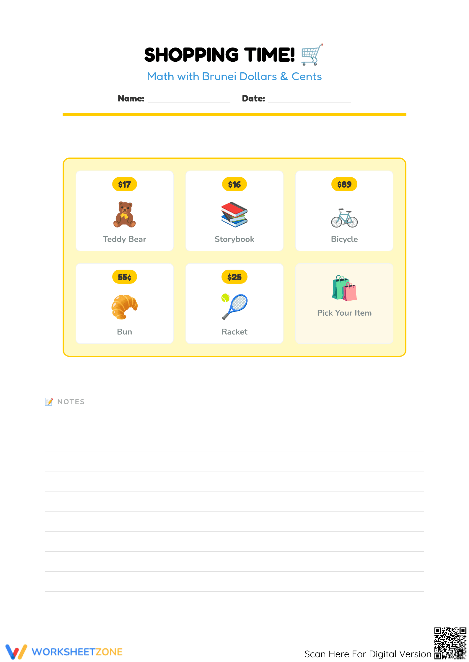 Brunei Money Math Worksheet | Grade 2 Essential - Page 1