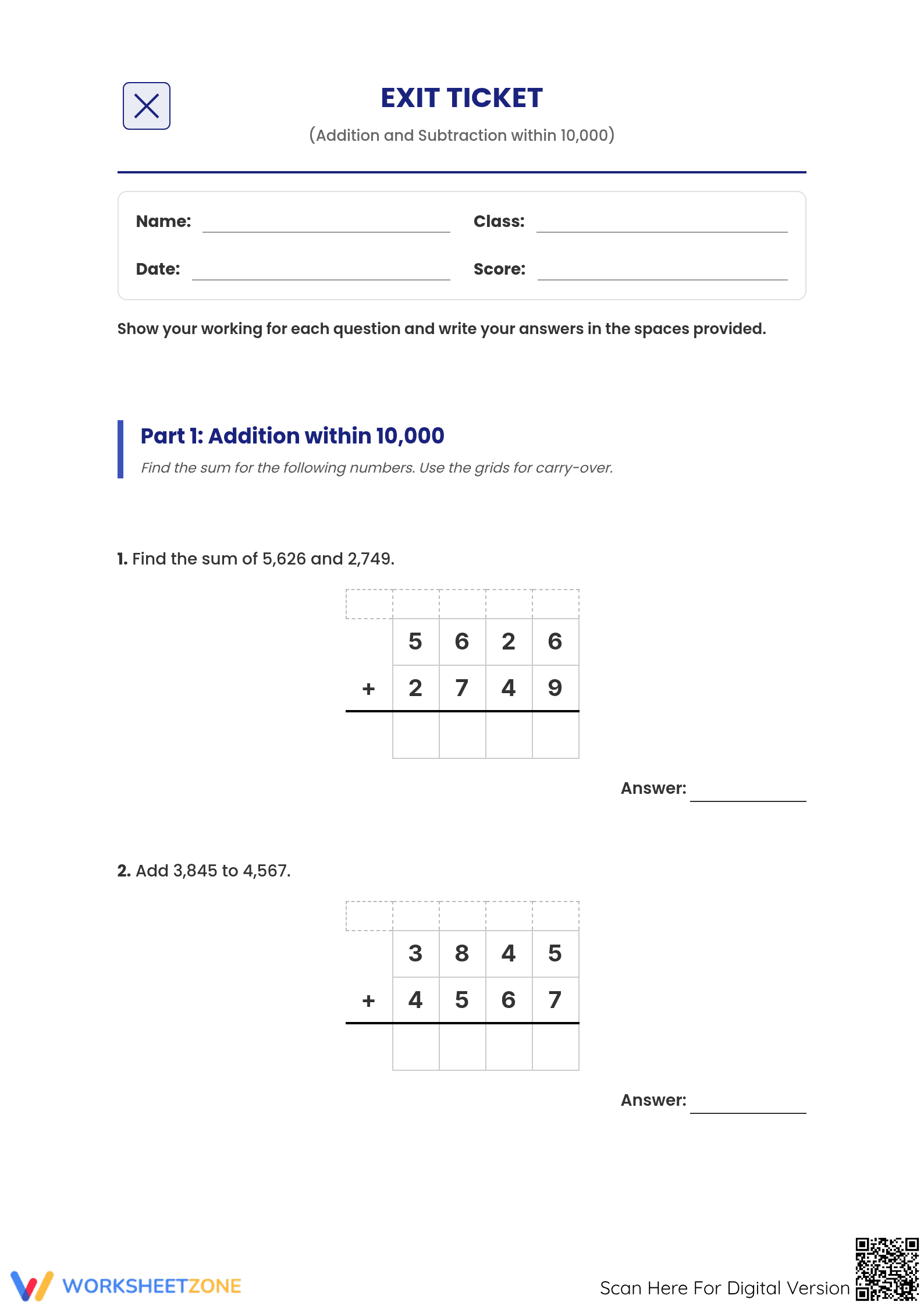 Essential Exit Ticket: Addition & Subtraction within 10,000 - Page 1