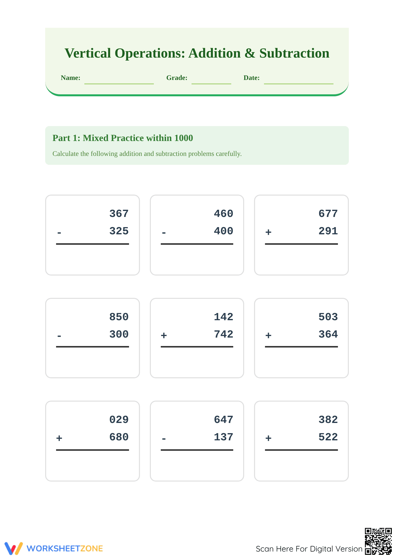 Printable Addition and Subtraction within 1000 Worksheet - Page 1