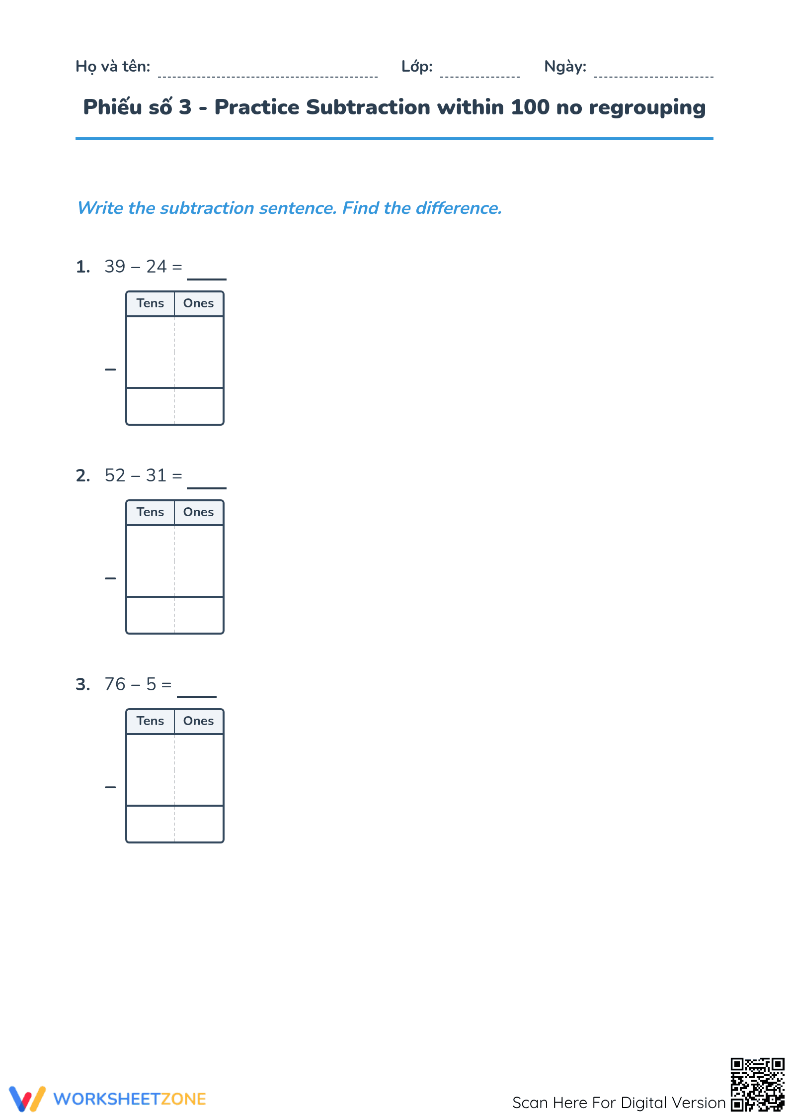 Subtraction within 100 Worksheet | Essential Grade 2 Math - Page 1