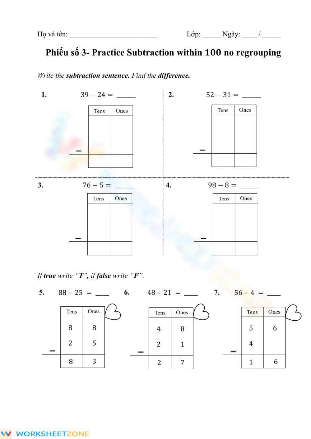 Practice Subtraction within 100 no regrouping - Page 1