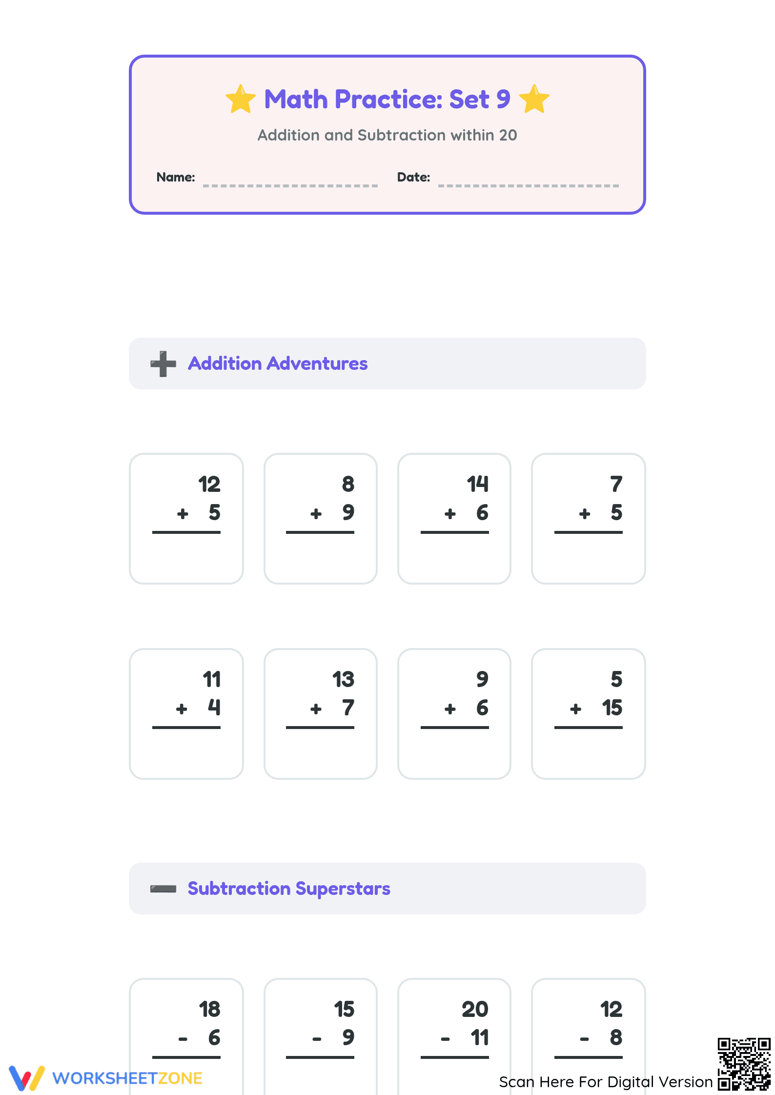 Addition and Subtraction to 20 Worksheet | Ready Math - Page 1