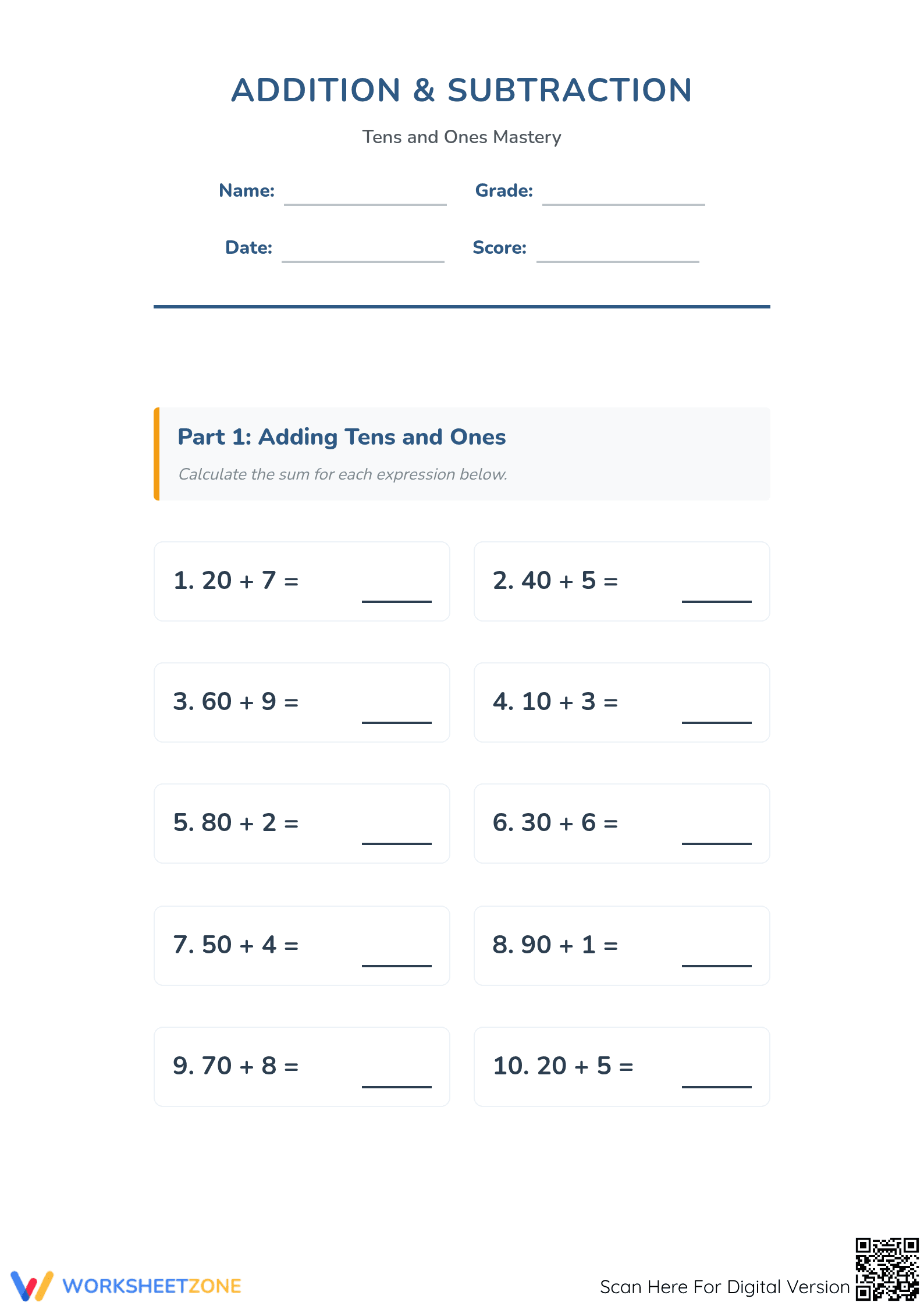 Printable Tens and Ones Addition and Subtraction Worksheet - Page 1