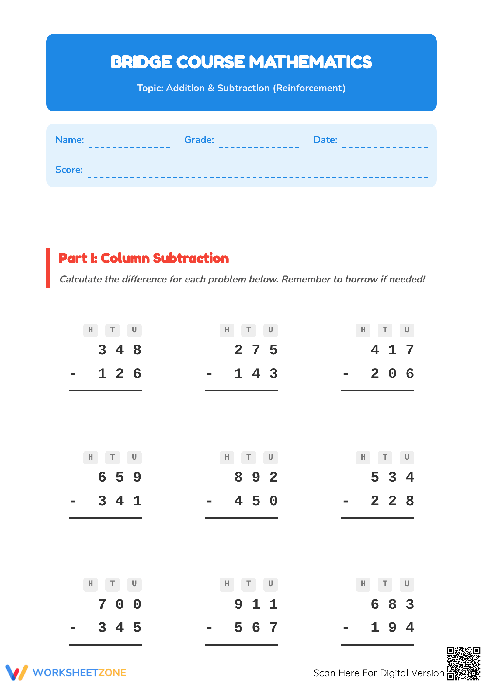 Essential Grade 2 Math: Addition & Subtraction Bridge Worksheet - Page 1