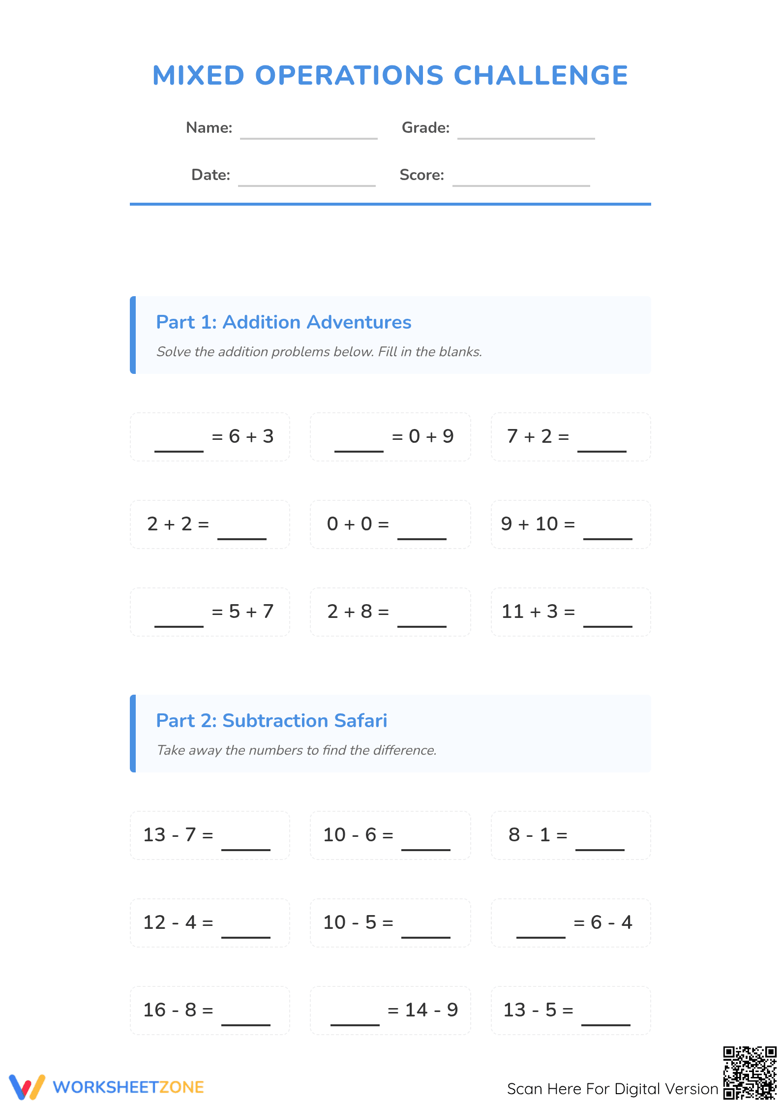 Grade 1 Mixed Operations — Printable No-Prep Worksheet - Page 1