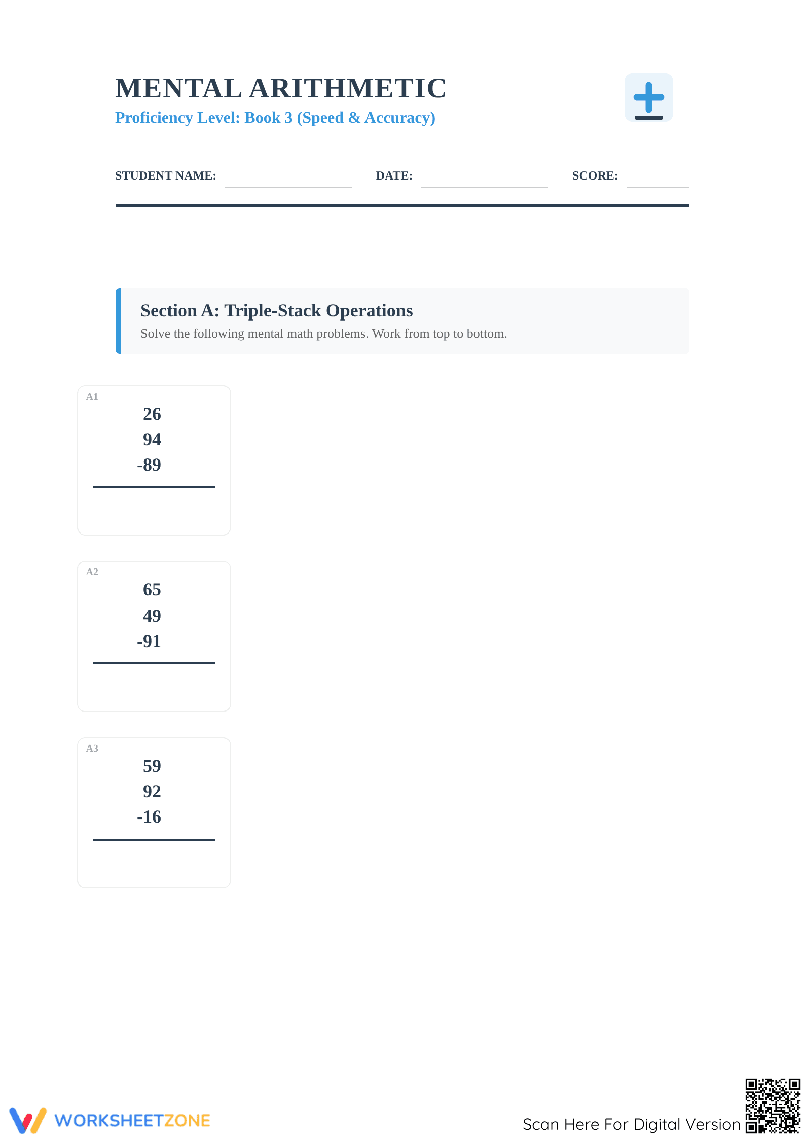 Essential Grade 3 Mental Arithmetic Worksheet: Printable - Page 1