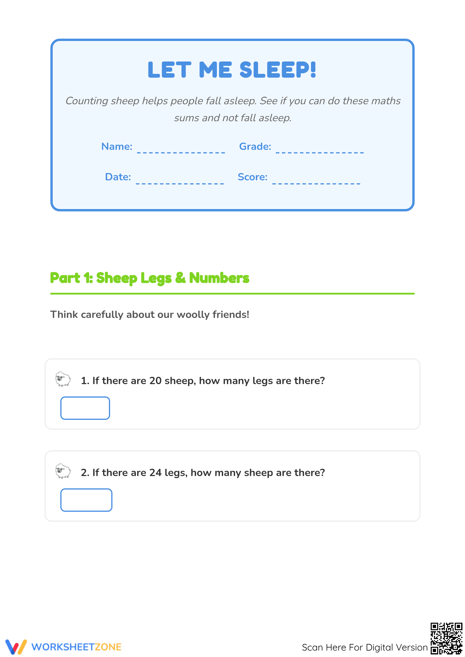 Printable Counting Sheep Math Word Problems | Grade 1 - Page 1