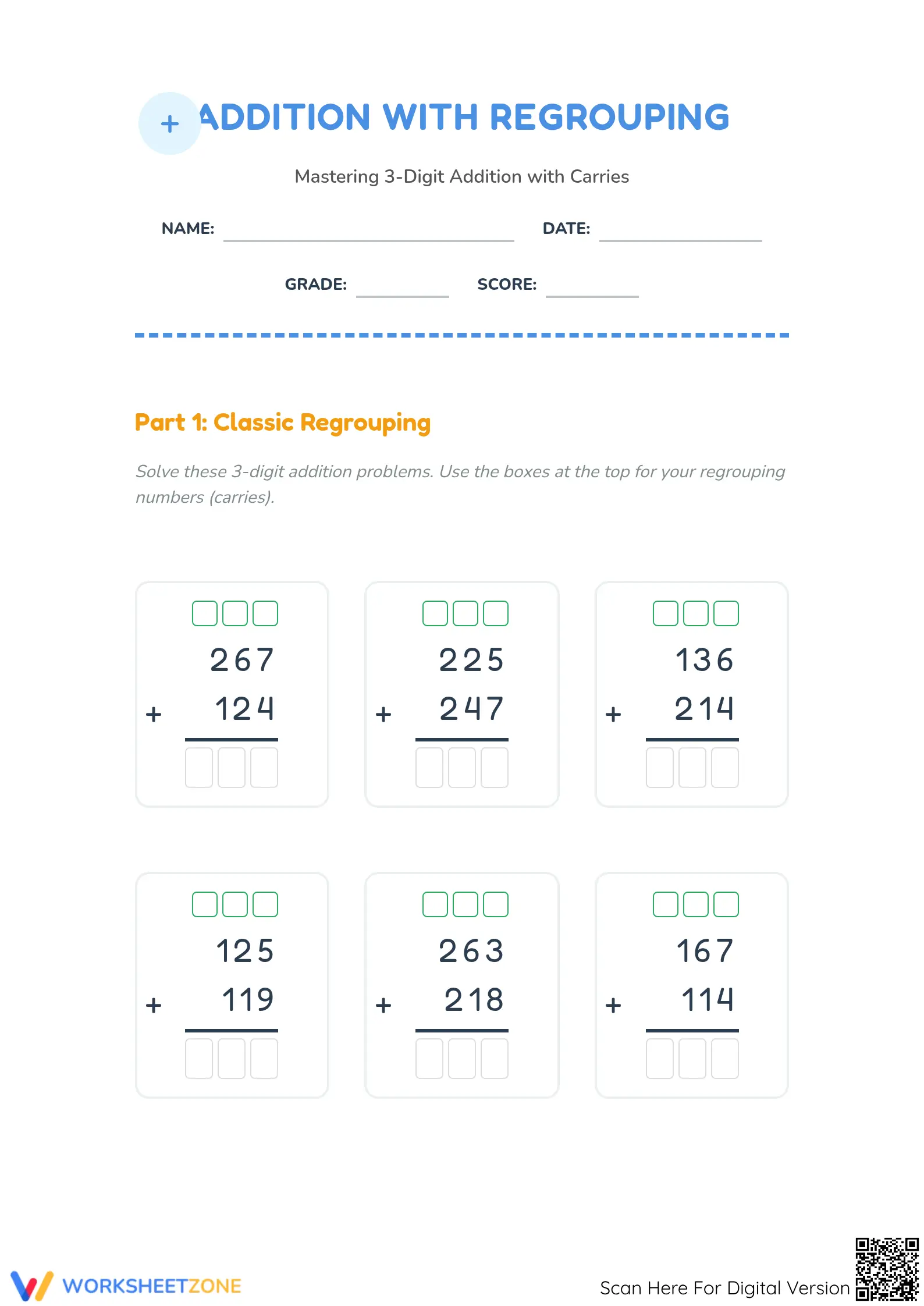 3-Digit Addition with Regrouping | Essential Grade 2-3 Math - Page 1