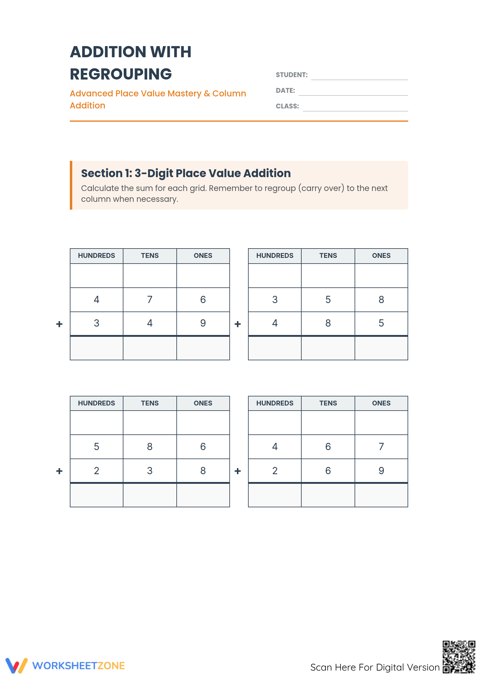 Essential Addition with Regrouping & Decimals Worksheet - Page 1